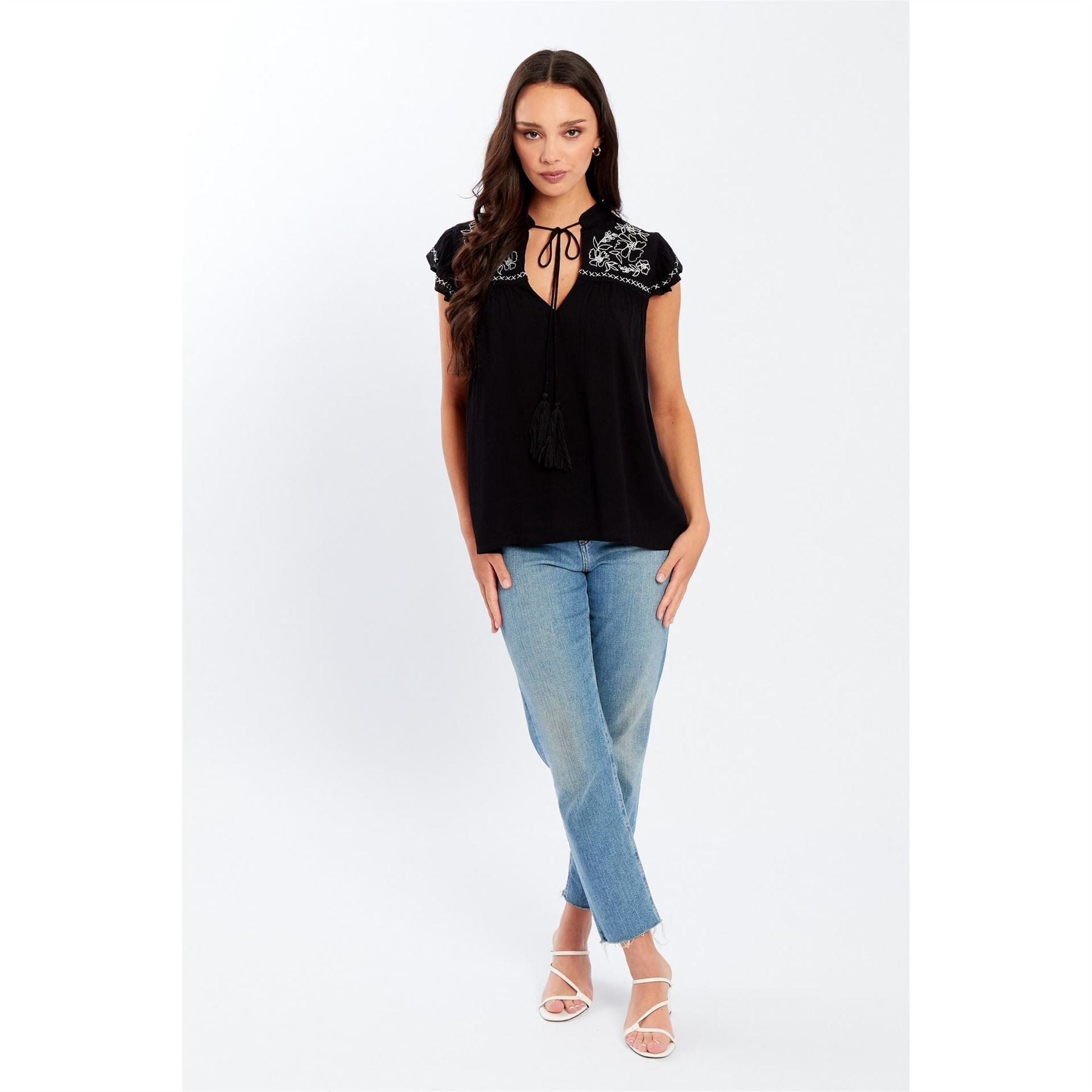 Be You Embroidered Keyhole Neck Relaxed Fit Blouse