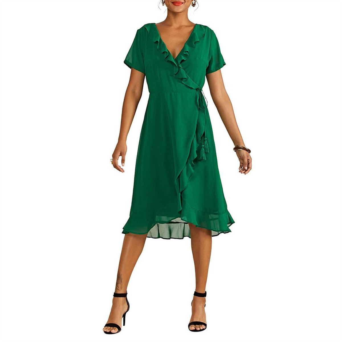 Yumi Frill V-Neck Midi Wrap Dress