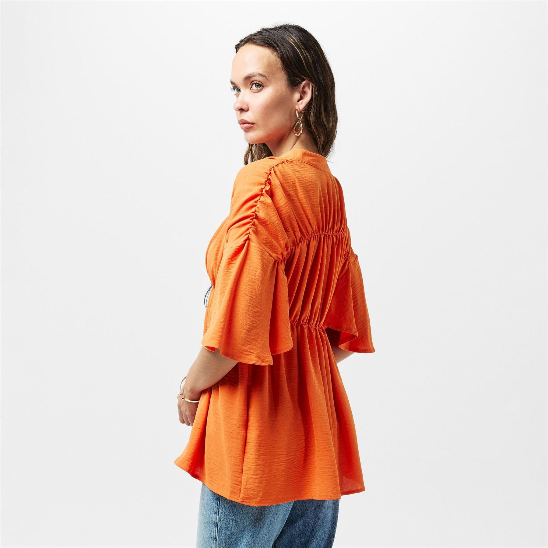 AX Paris Button Up Ruched Detail Smock V Neck Top