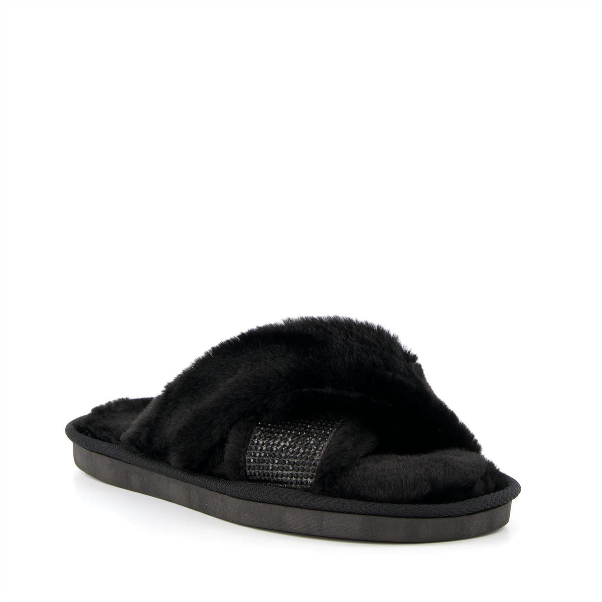 Dune London Diamante Cross Strap Faux Fur Slippers
