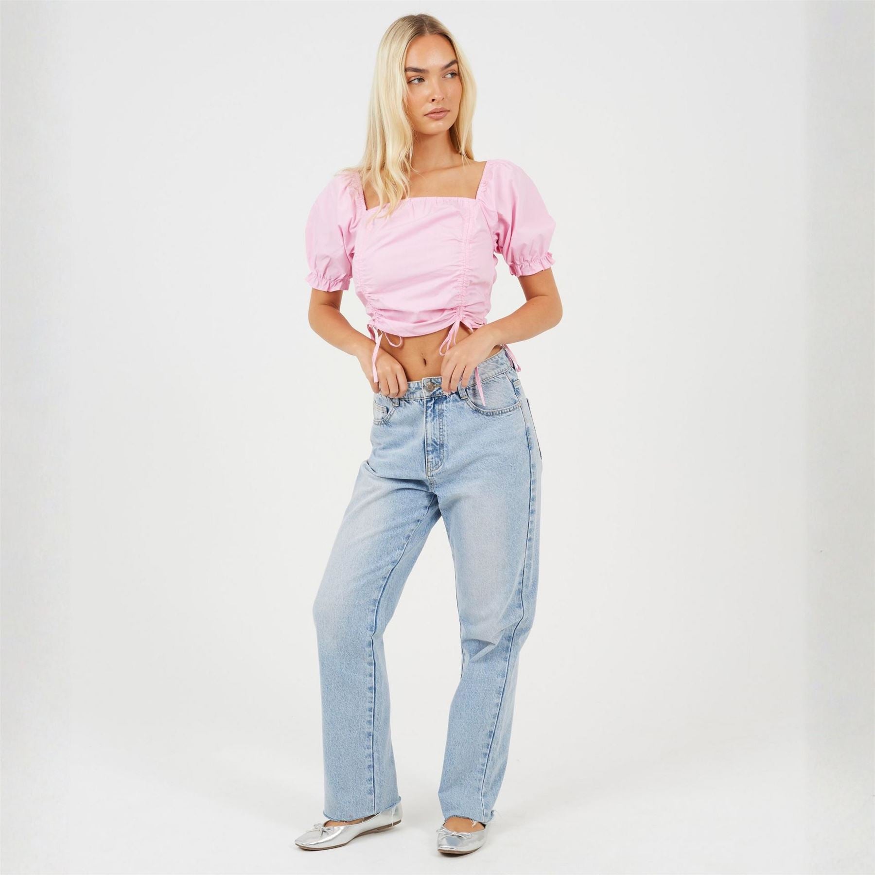 Brave Soul Womens Puff Sleeve Top With Ruched And Tie Details.