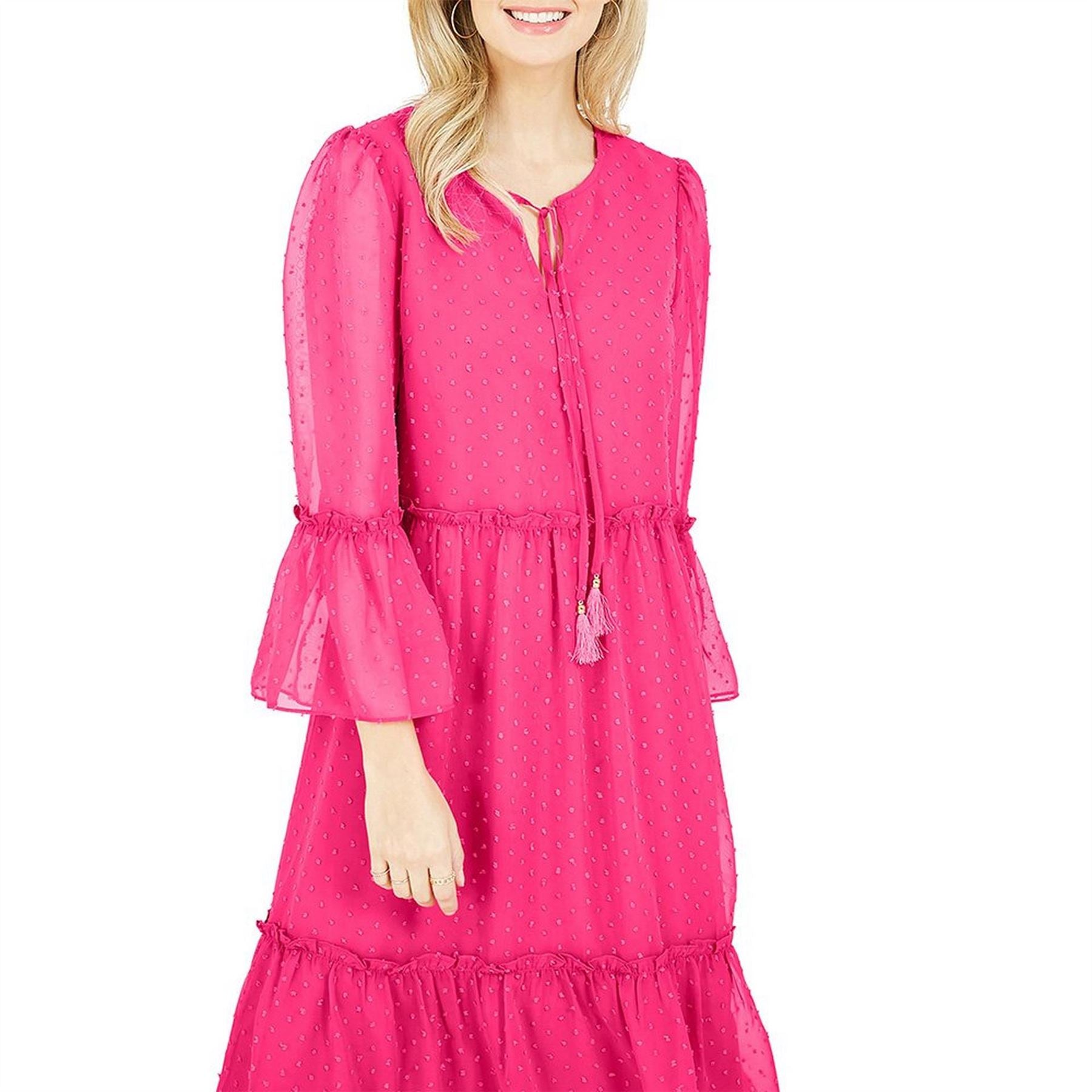 Yumi Boho Smocked Crew Neck Midi Tiered Dress