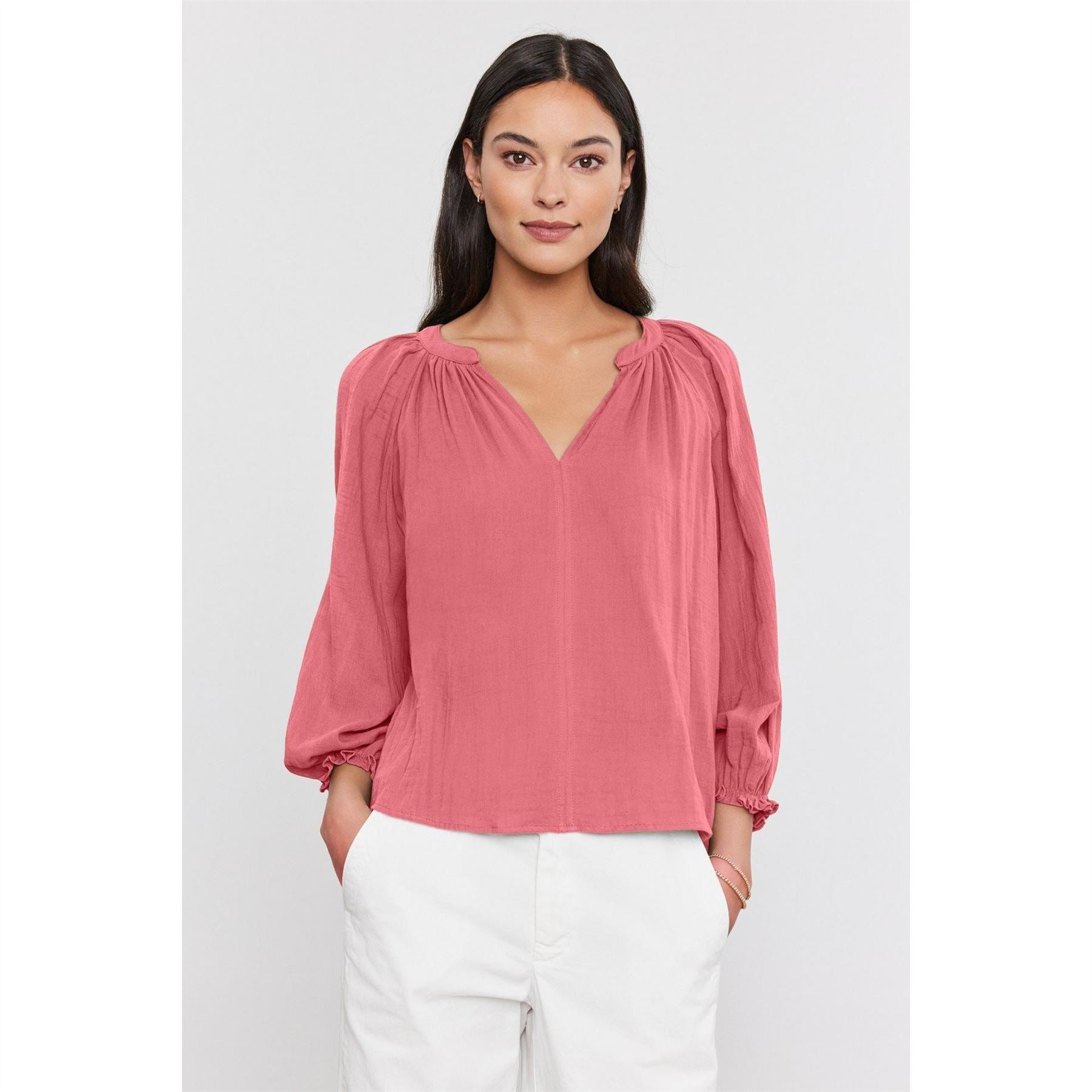 Velvet by Graham and Spencer Regular Fit V-Neck Bishop Sleeve Blouse