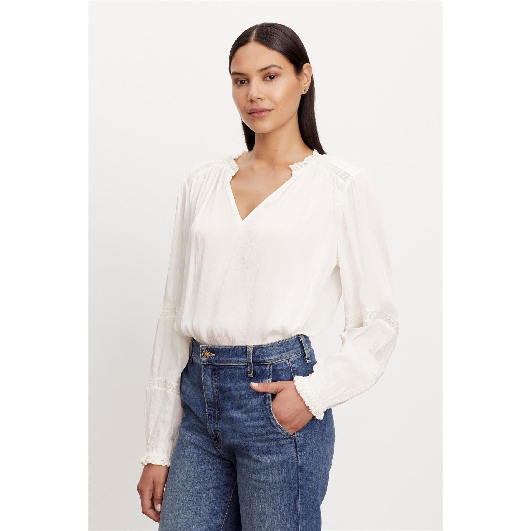 Velvet by Graham and Spencer Lace Detail V-Neck Bishop Sleeve Blouse