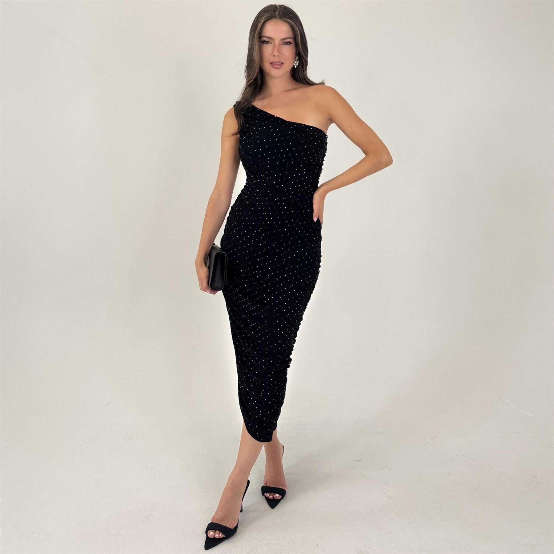 AX Paris Diamante Sparkle One Shoulder Ruched Midi Dress