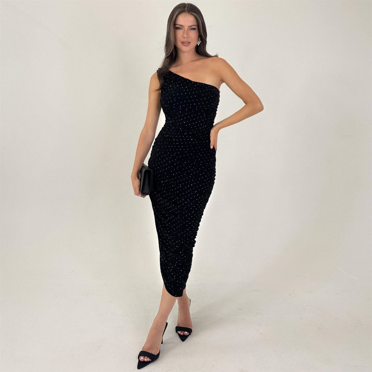 AX Paris Diamante Sparkle One Shoulder Ruched Midi Dress