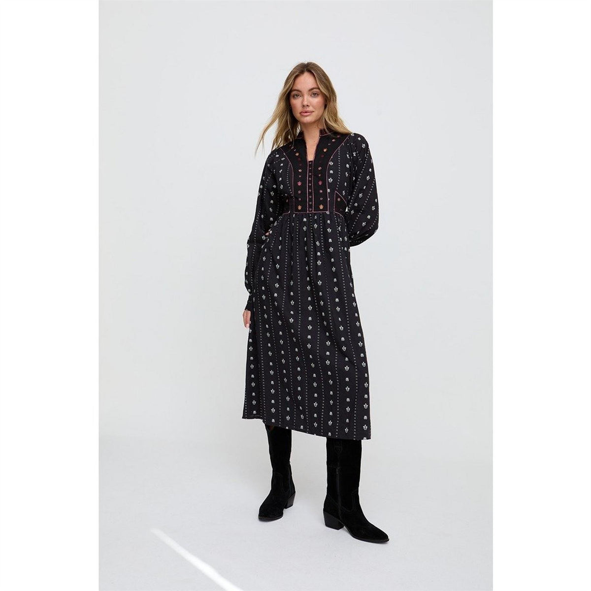 Raffya Ocean Elasticated Back Embroidered Maxi Dress In Black