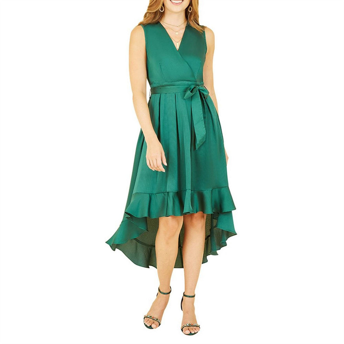 Mela London Green Satin Dipped Hem Midi Wrap Dress