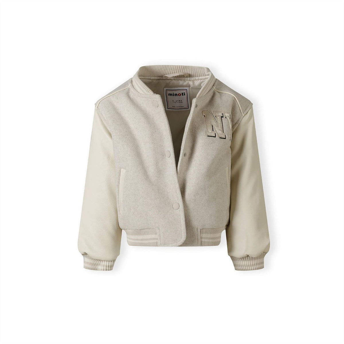 Minoti Girls Baseball Style Jacket With Ny Patch And Faux Leather Sleeves Beige