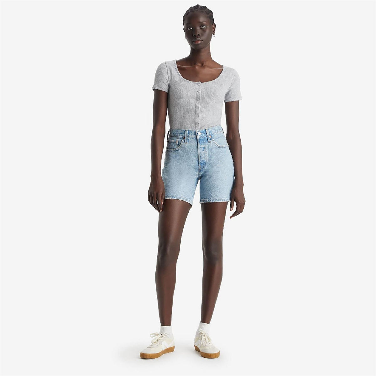 Levis 501 Light Wash Denim Shorts with Frayed Hem