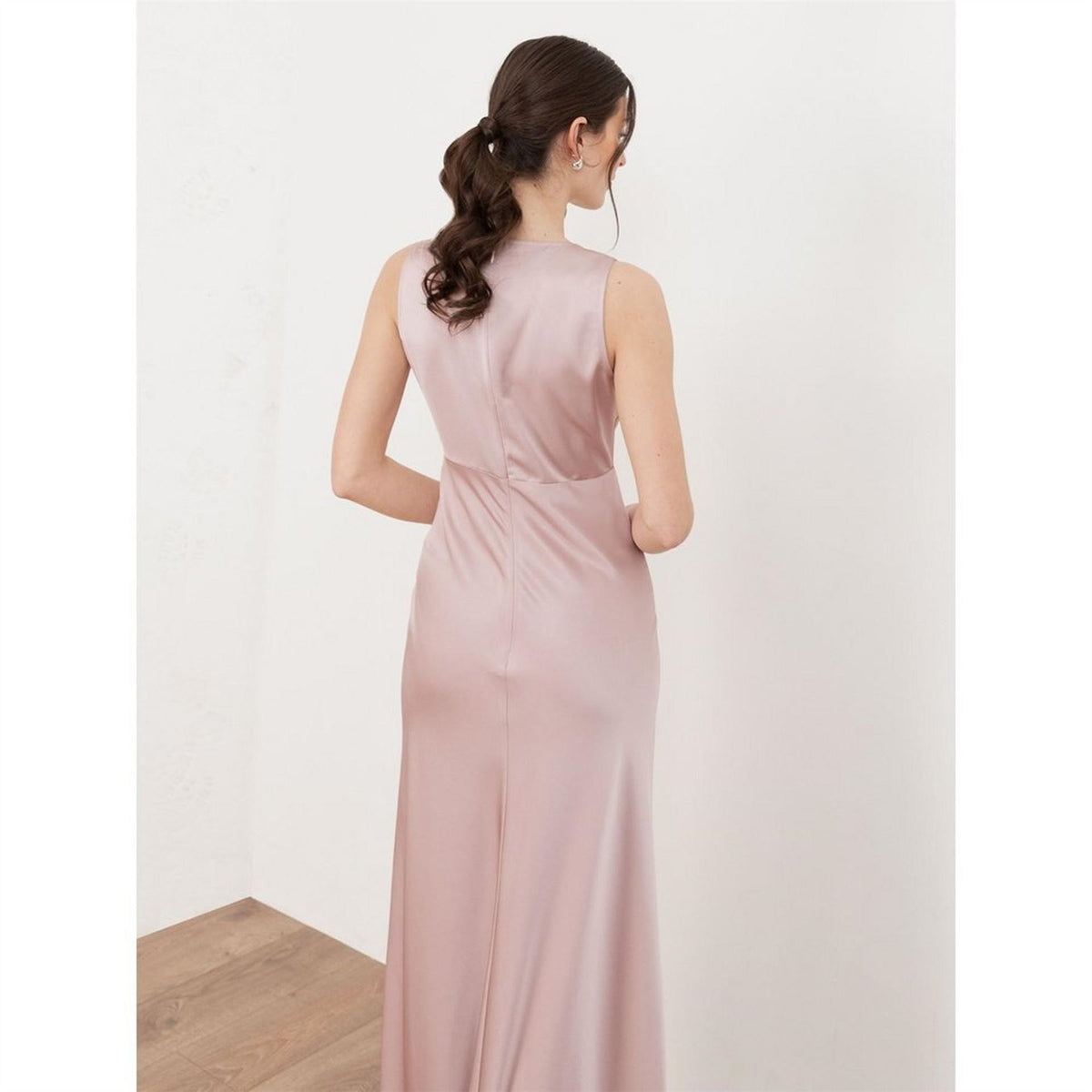 Maya Deluxe V Neck Open Back Satin Bridesmaid Maxi Dress