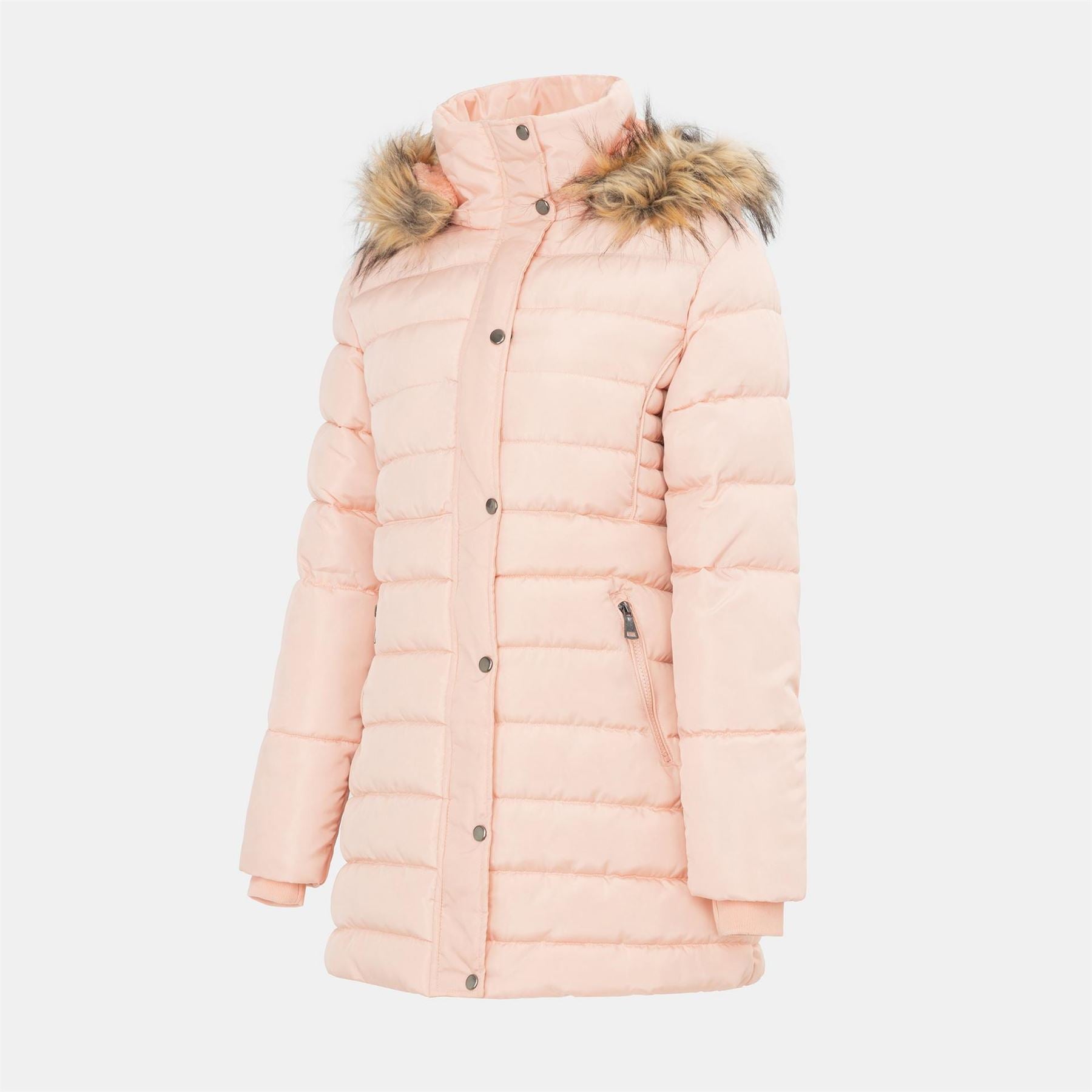 I Saw It First Solid Patterned Hooded Snap Button Fur Trim Ribbed Cuff Parka Jacket