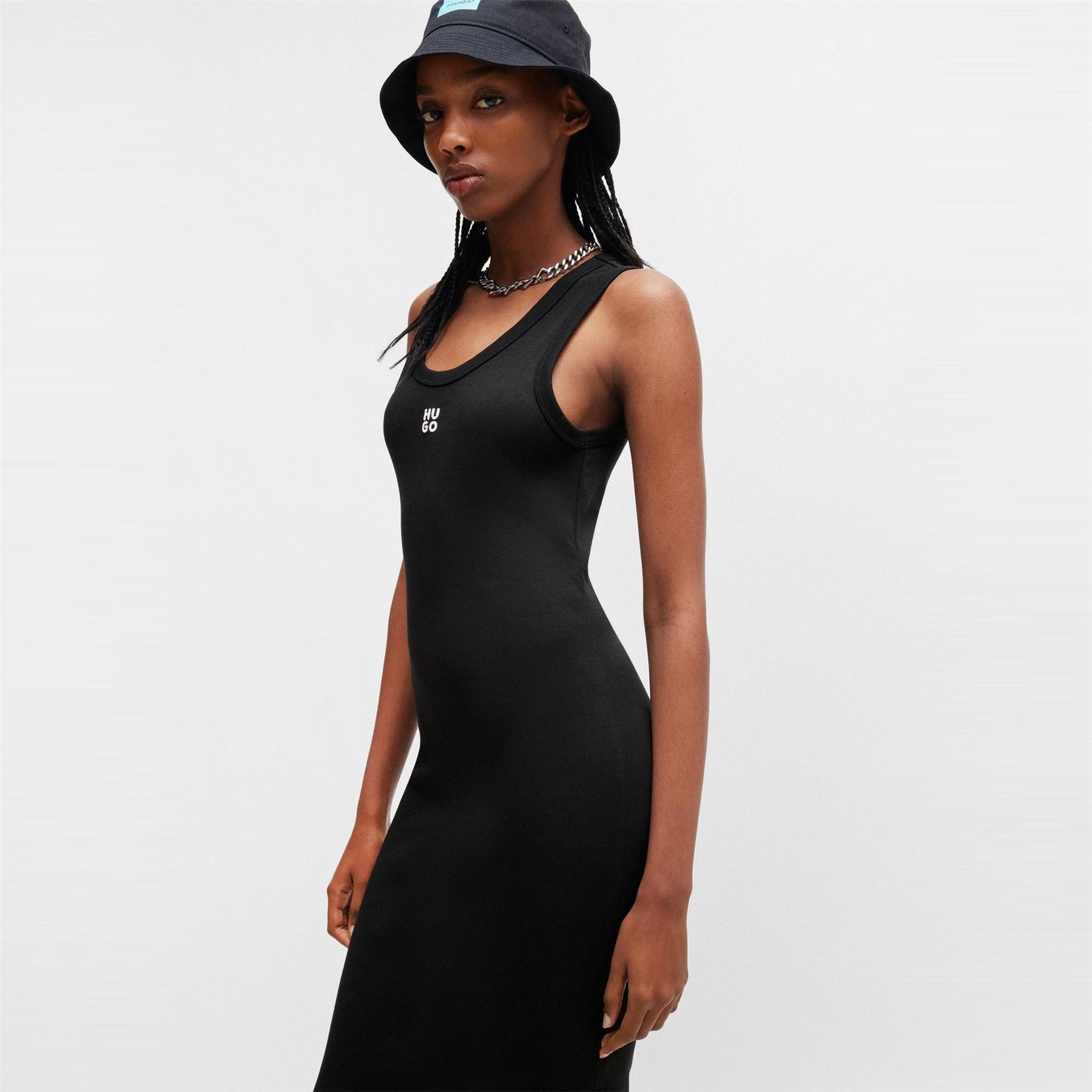 Hugo HUGO Nalimera Ribbed Midi Dress with Logo Detail