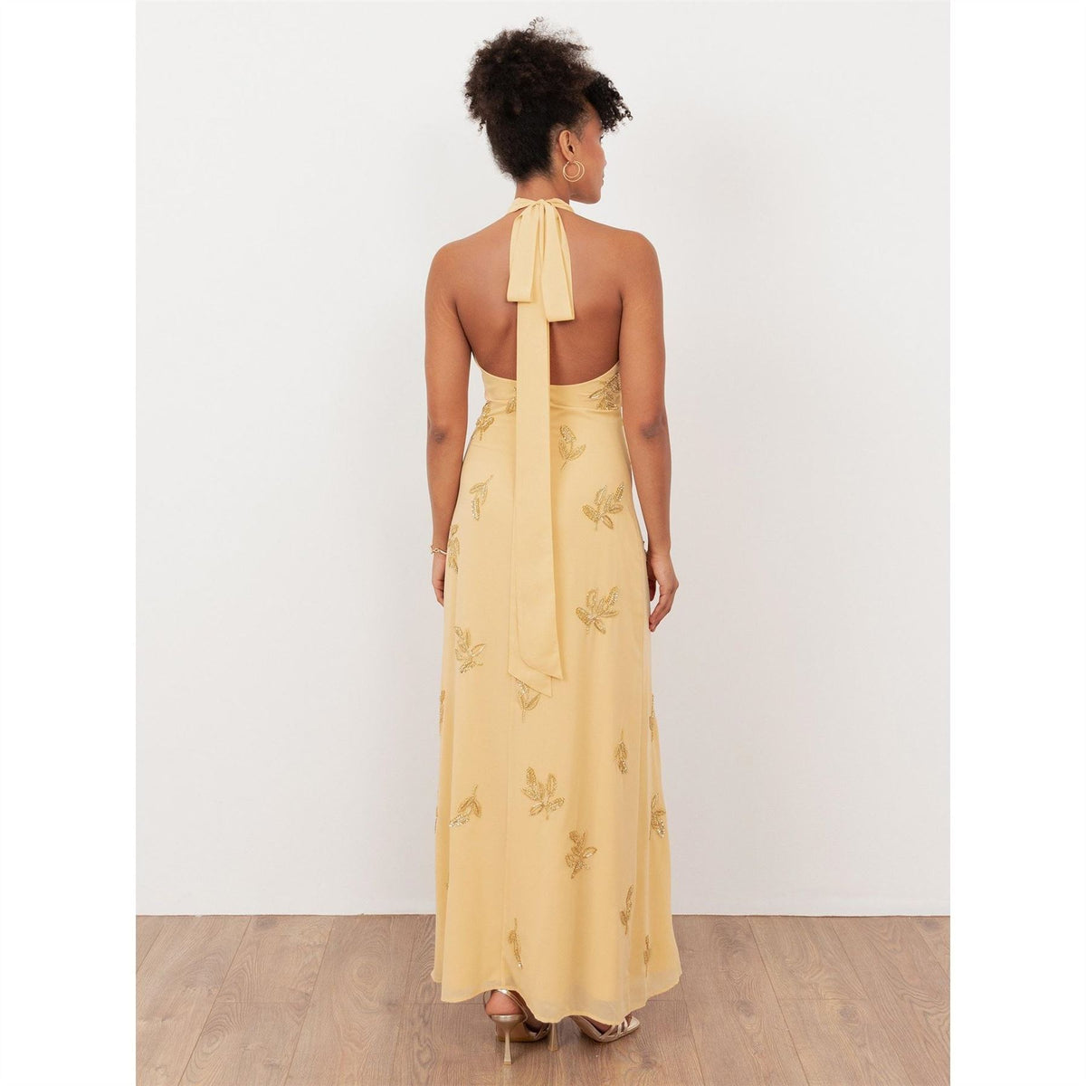 Maya Deluxe Buttercream Embellished Halter Neck  And  Open Back Maxi Dress