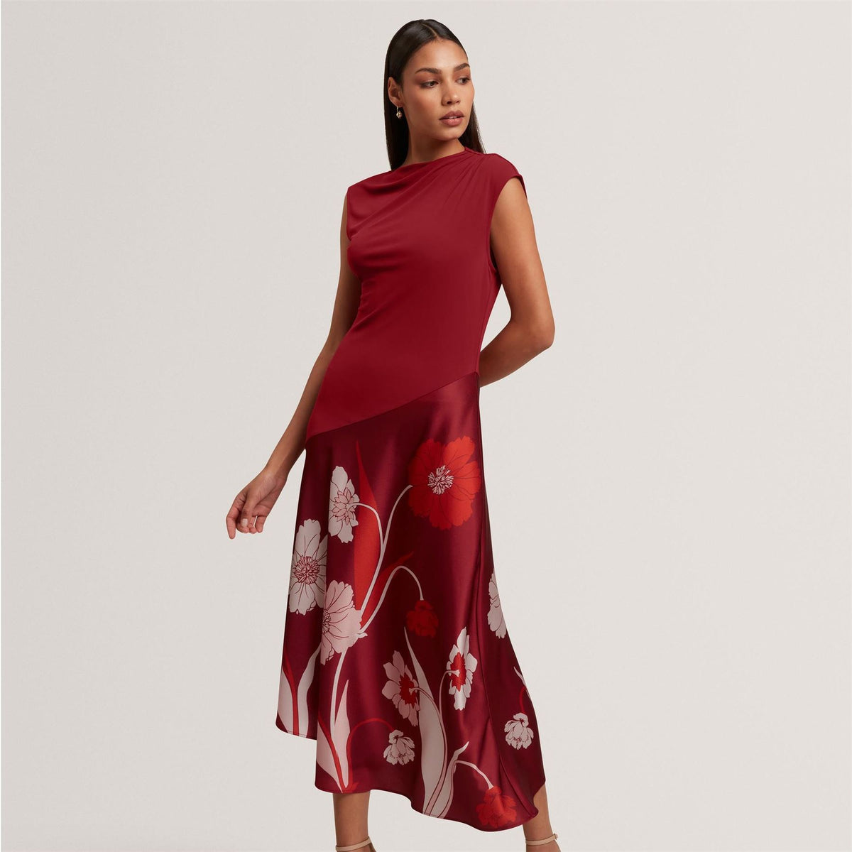 Ted Baker Printed Jersey Midi Dress With Satin Skirt