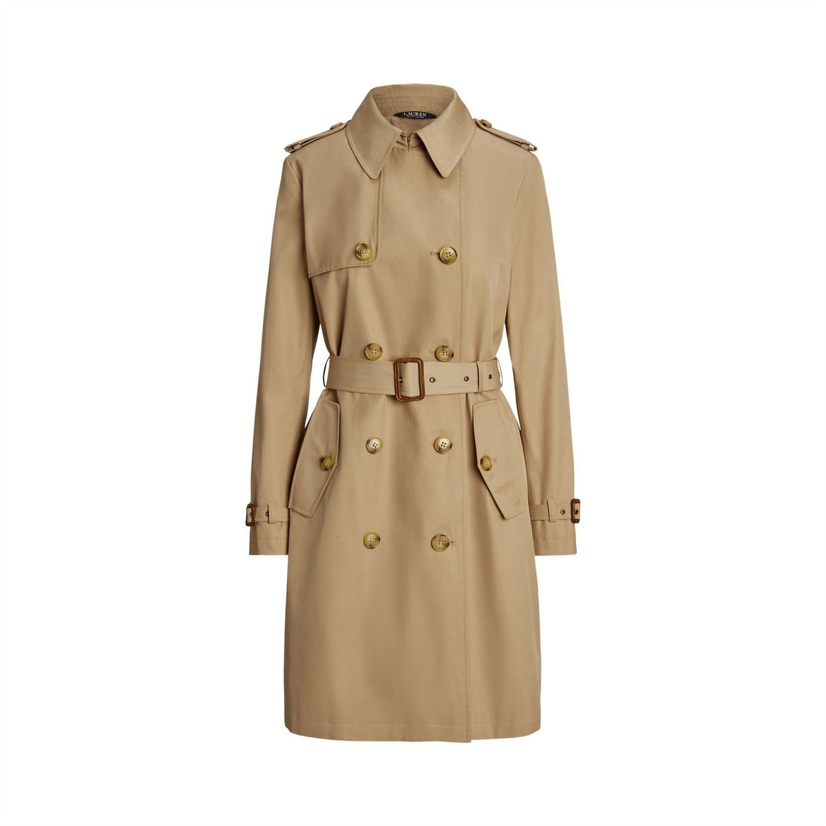 Lauren by Ralph Lauren Solid Patterned Trench Coat with Button Placket and Storm Flap