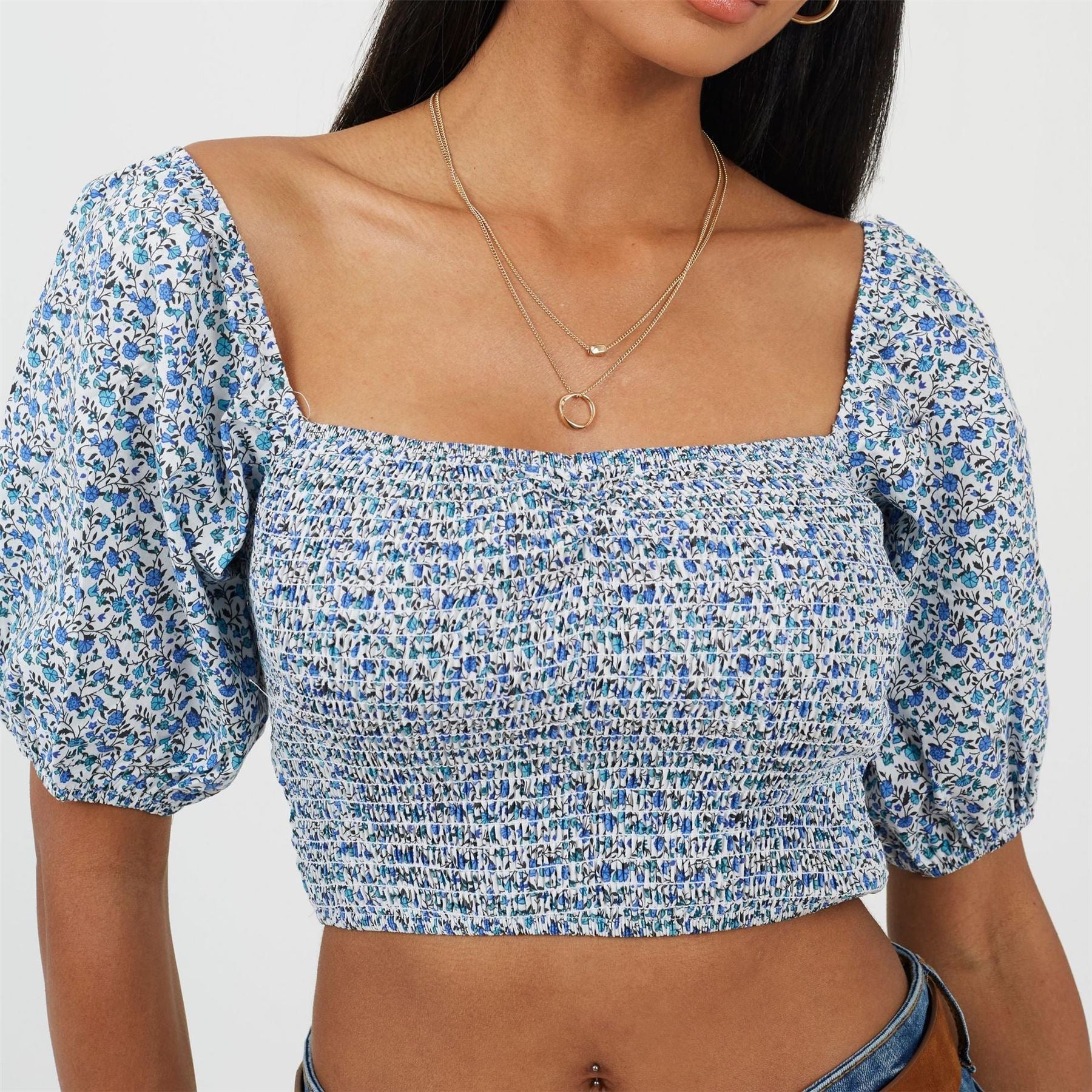 Brave Soul Womens Cropped Puff Sleeve Top With Shirred Body