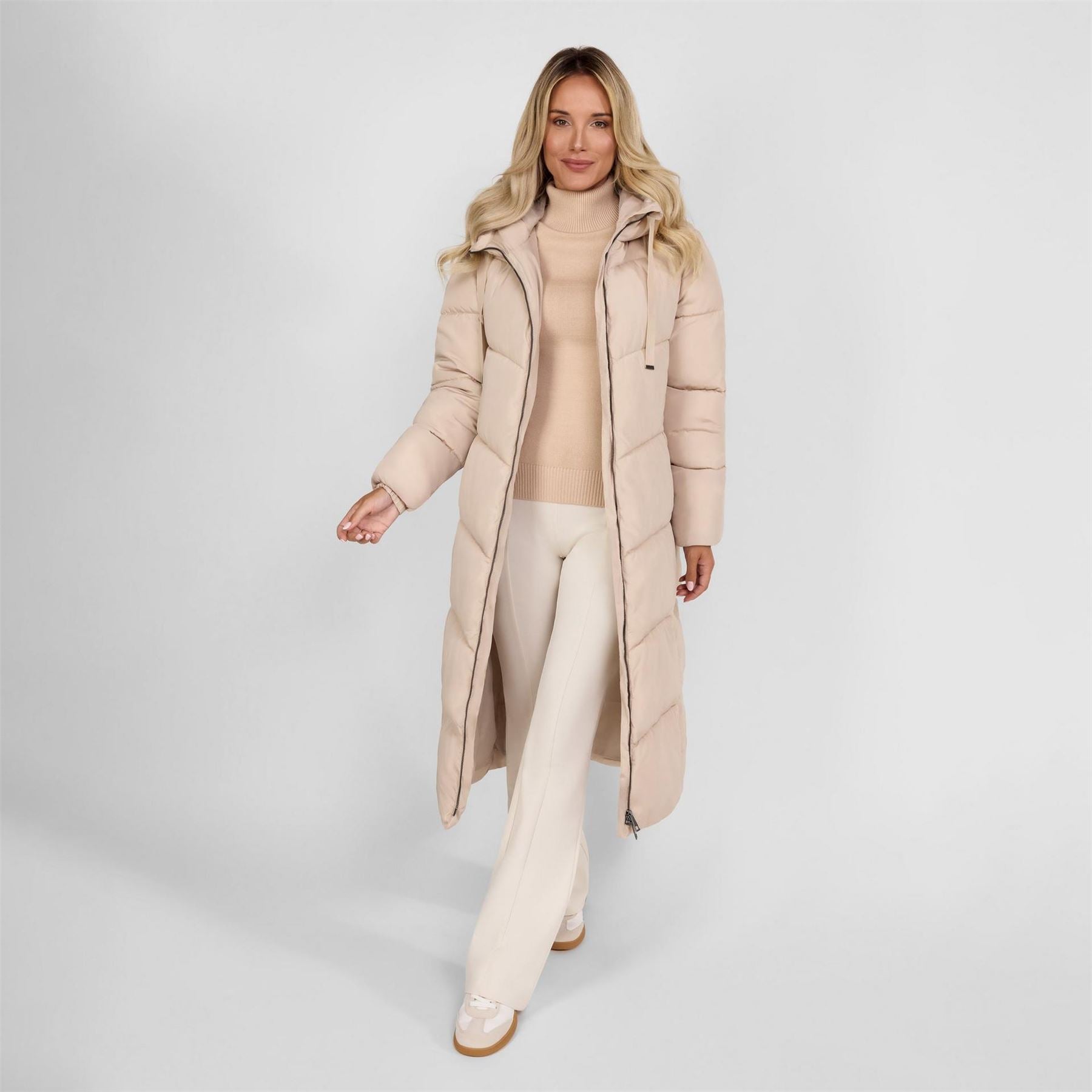 Minoti Women Long Quilted Winter Jacket With Contrast Zip And Drawstring Hood Grey