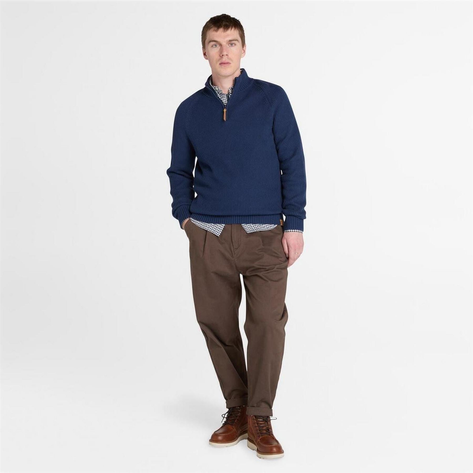 Timberland Zip Neck Ribbed Collar Long Sleeve Sweater