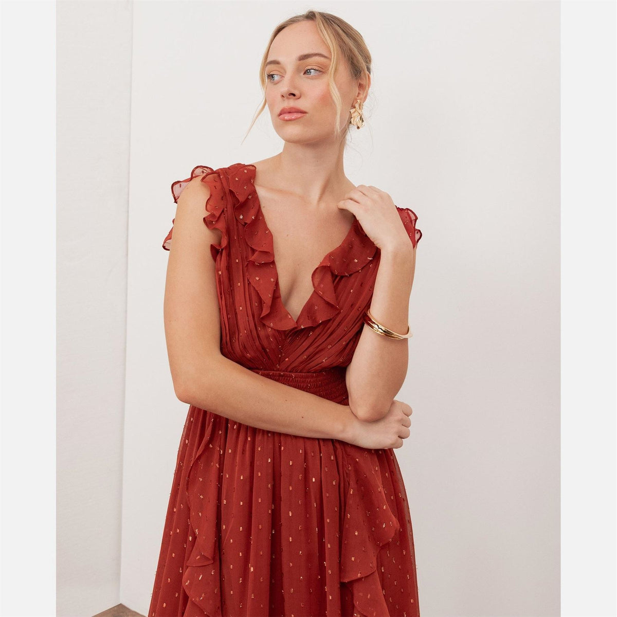 Anaya With Love With Love Recycled Chilli Red Plunge Neck Waterfall Ruffle Maxi Dress
