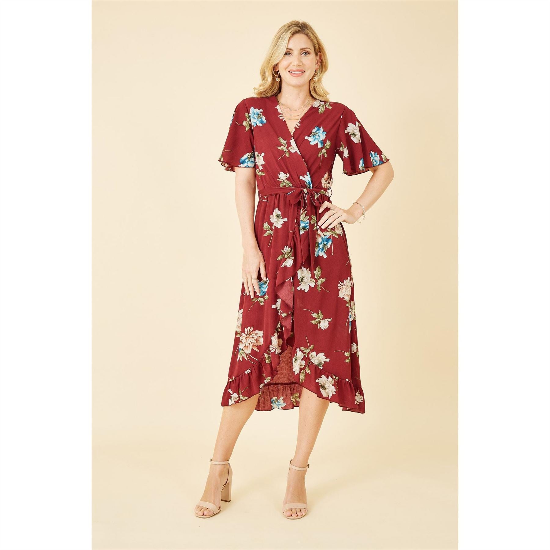 Mela London Floral Dip Hem Wrap Midi Dress