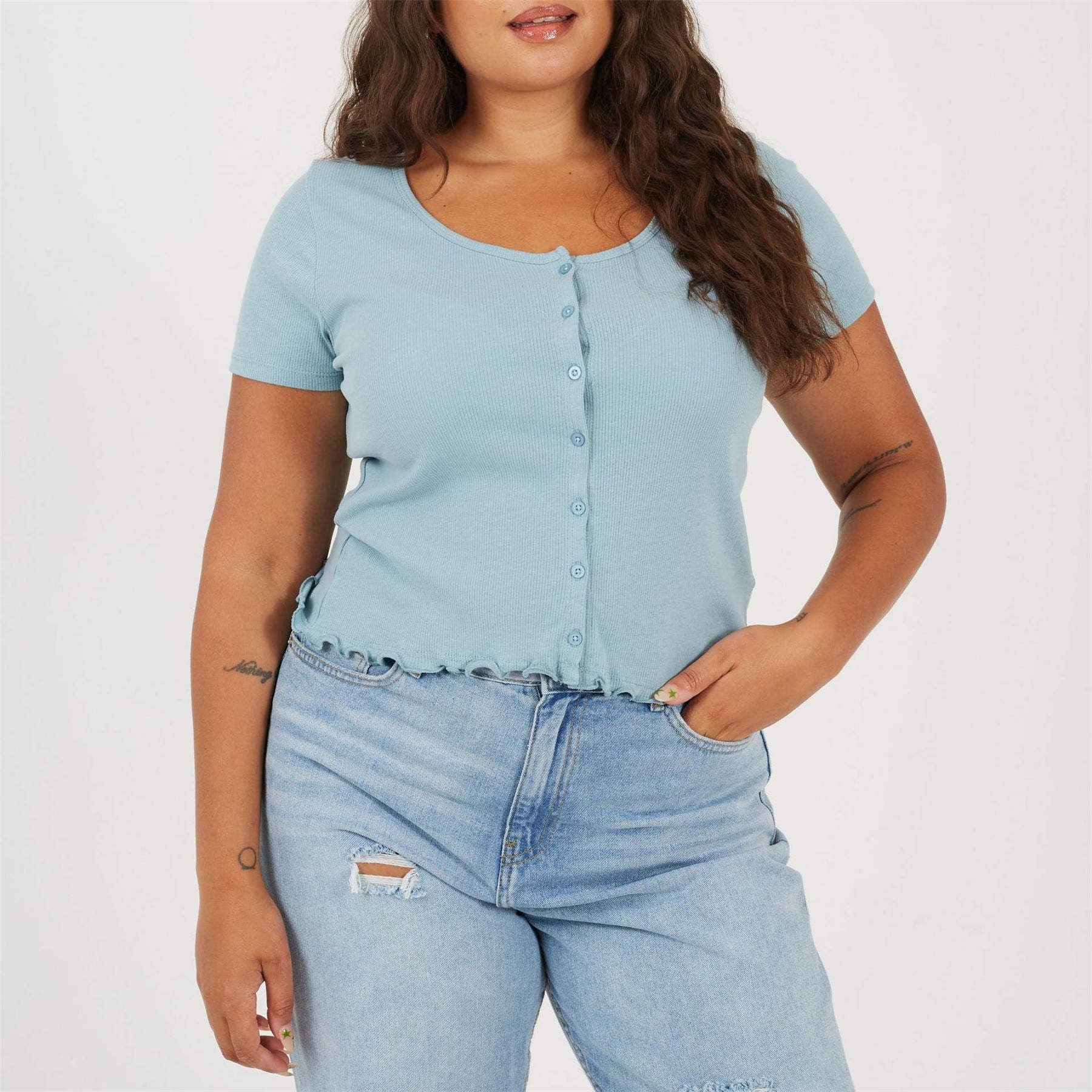 Brave Soul Plus Size Button Through Short Sleeve Top With Lettuce Hem