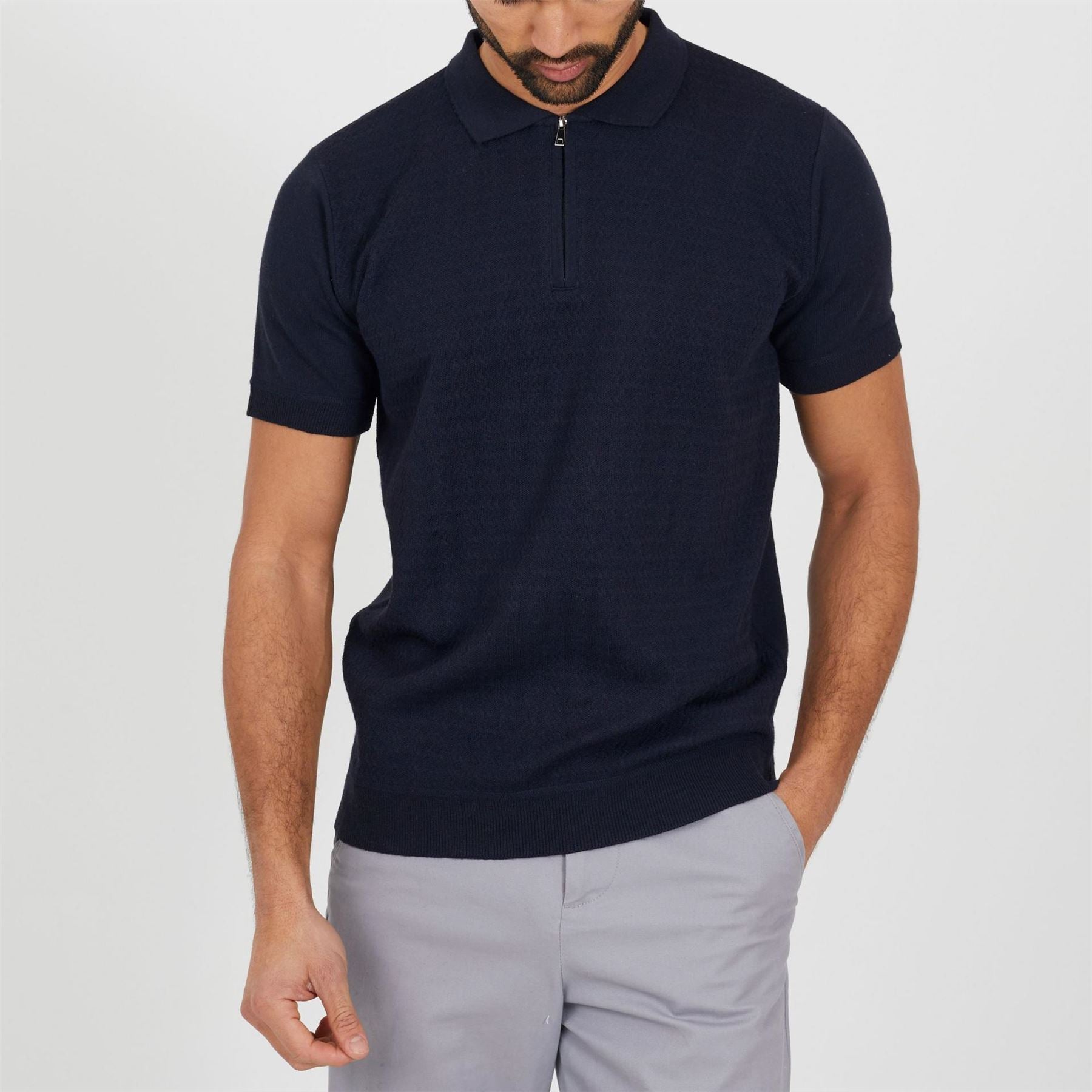 Brave Soul Navy Knitted Polo With Zip Neck