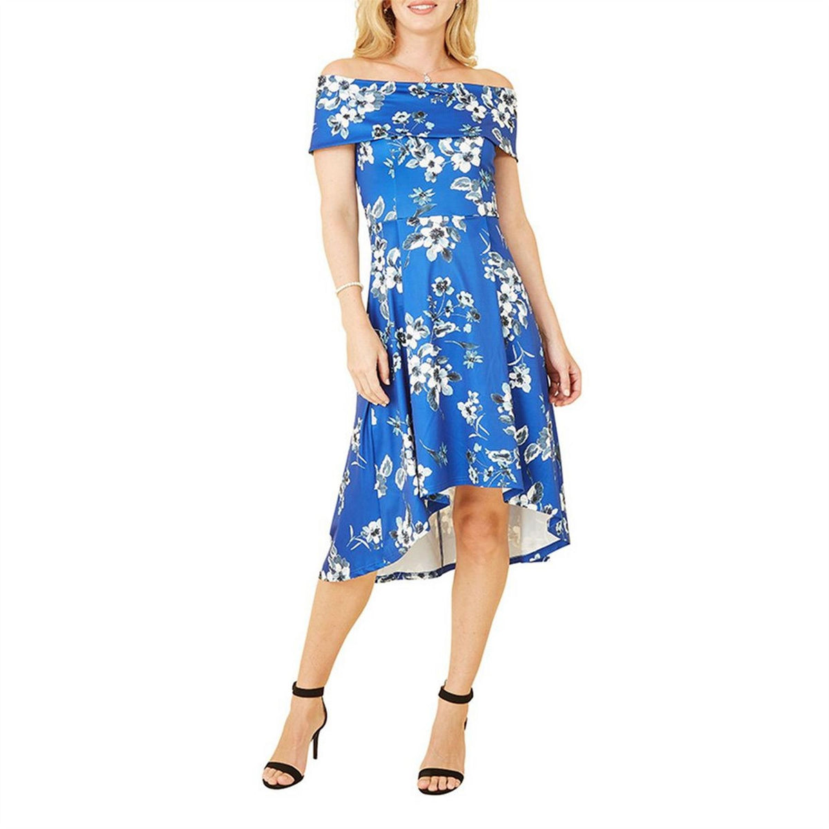 Mela London Blue Floral Off-The-Shoulder Midi Slip Dress