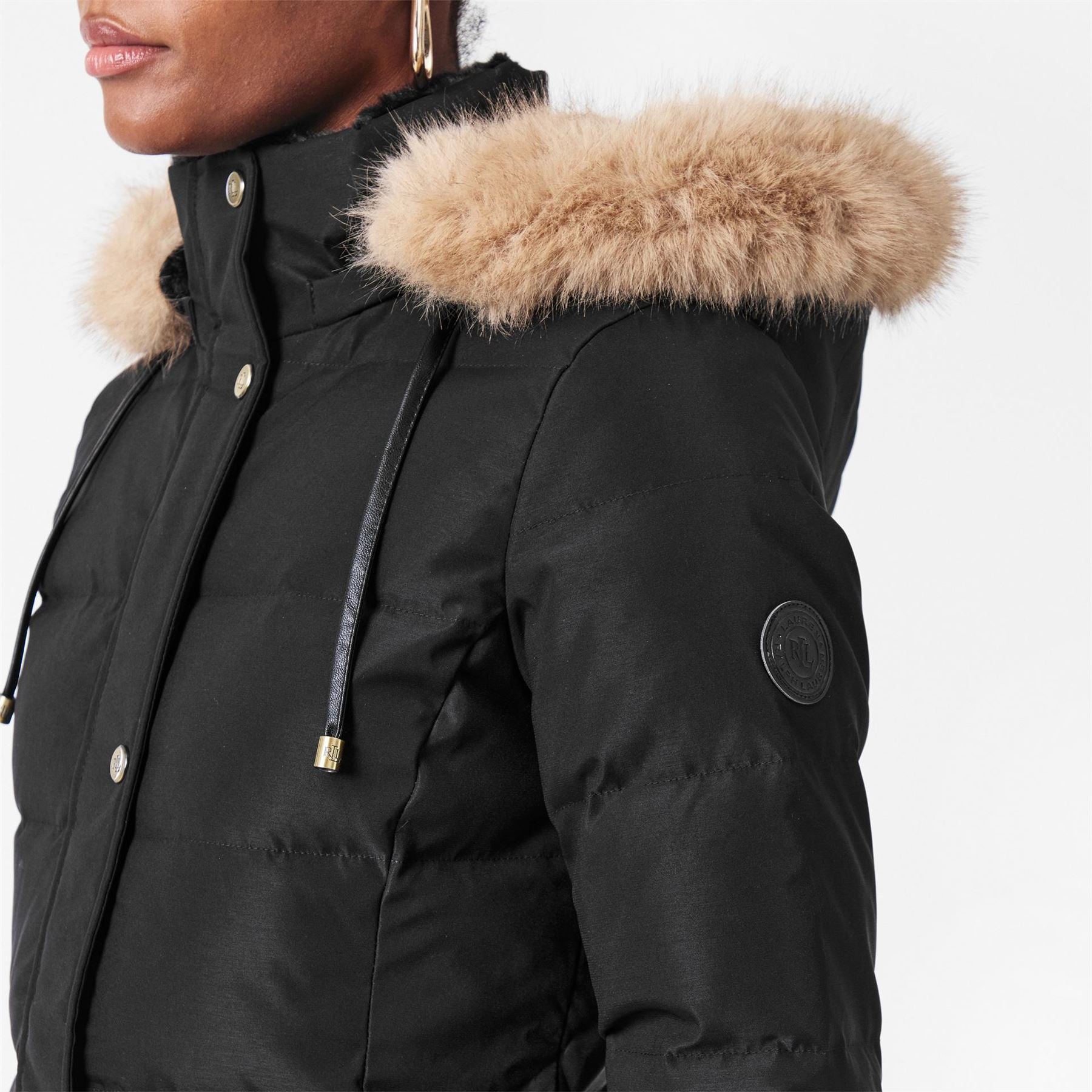 Lauren by Ralph Lauren Real Leather Fur Hood Medium Puffer Jacket