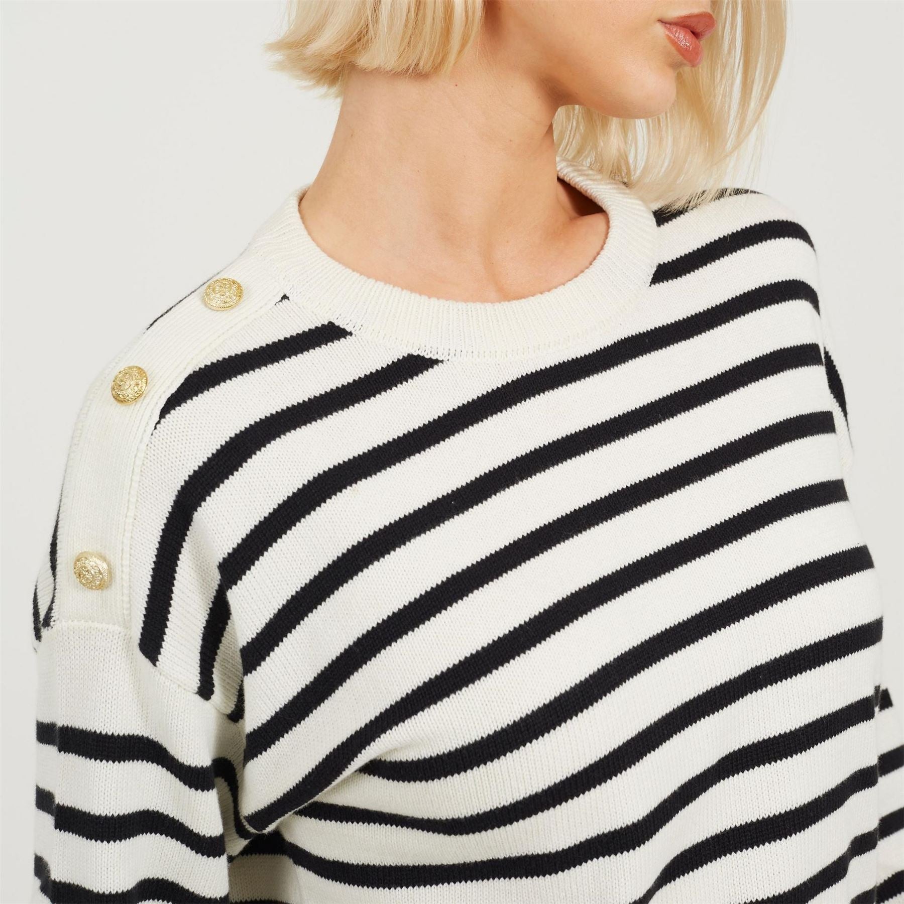 Brave Soul Boxy Crew Neck Striped Jumper With Shoulder Button Detail