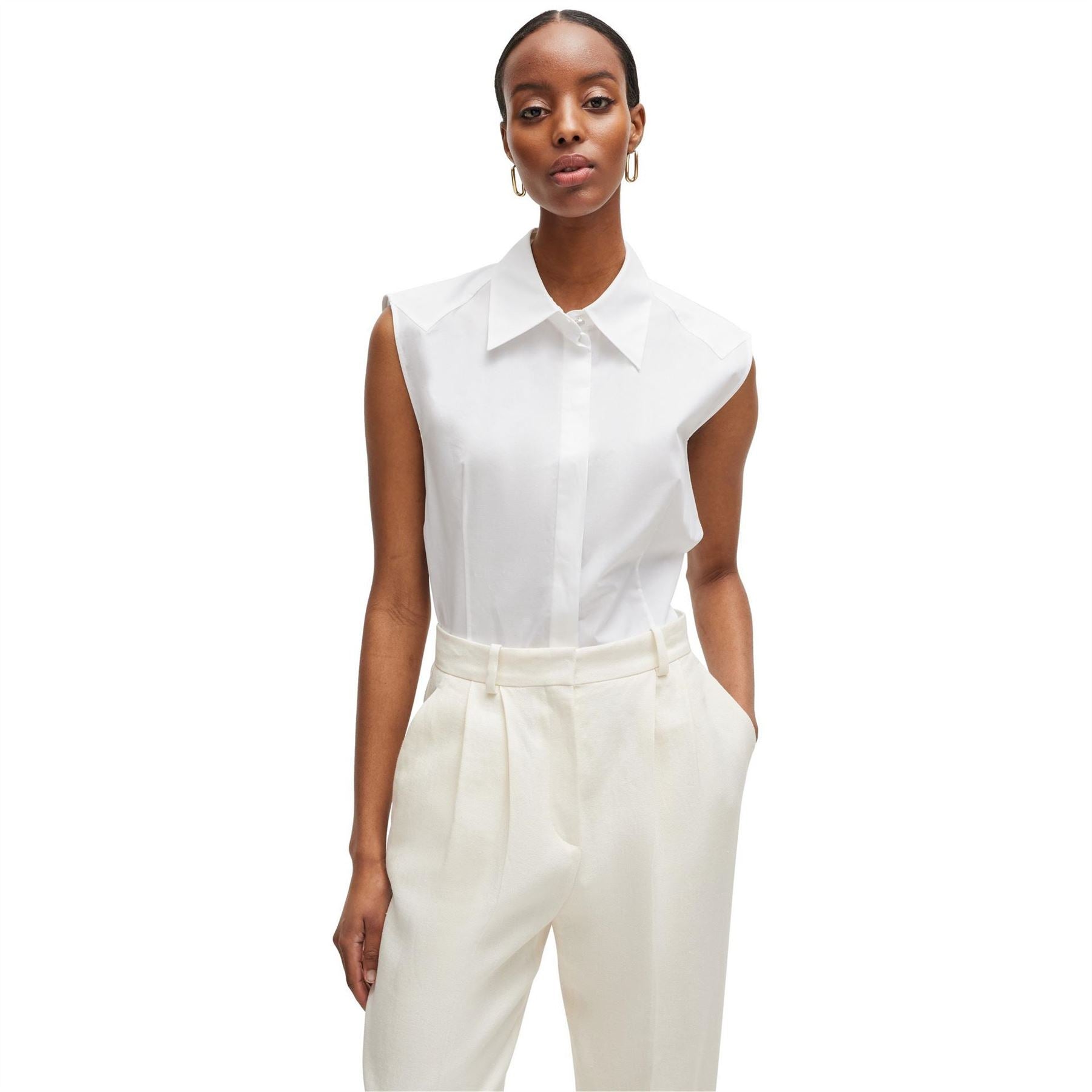 Boss Collared Neck Point Collar Sleeveless Blouse