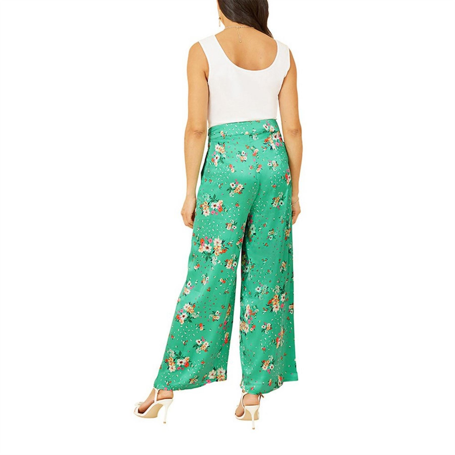 Yumi Green Floral Satin Wide Leg Trousers