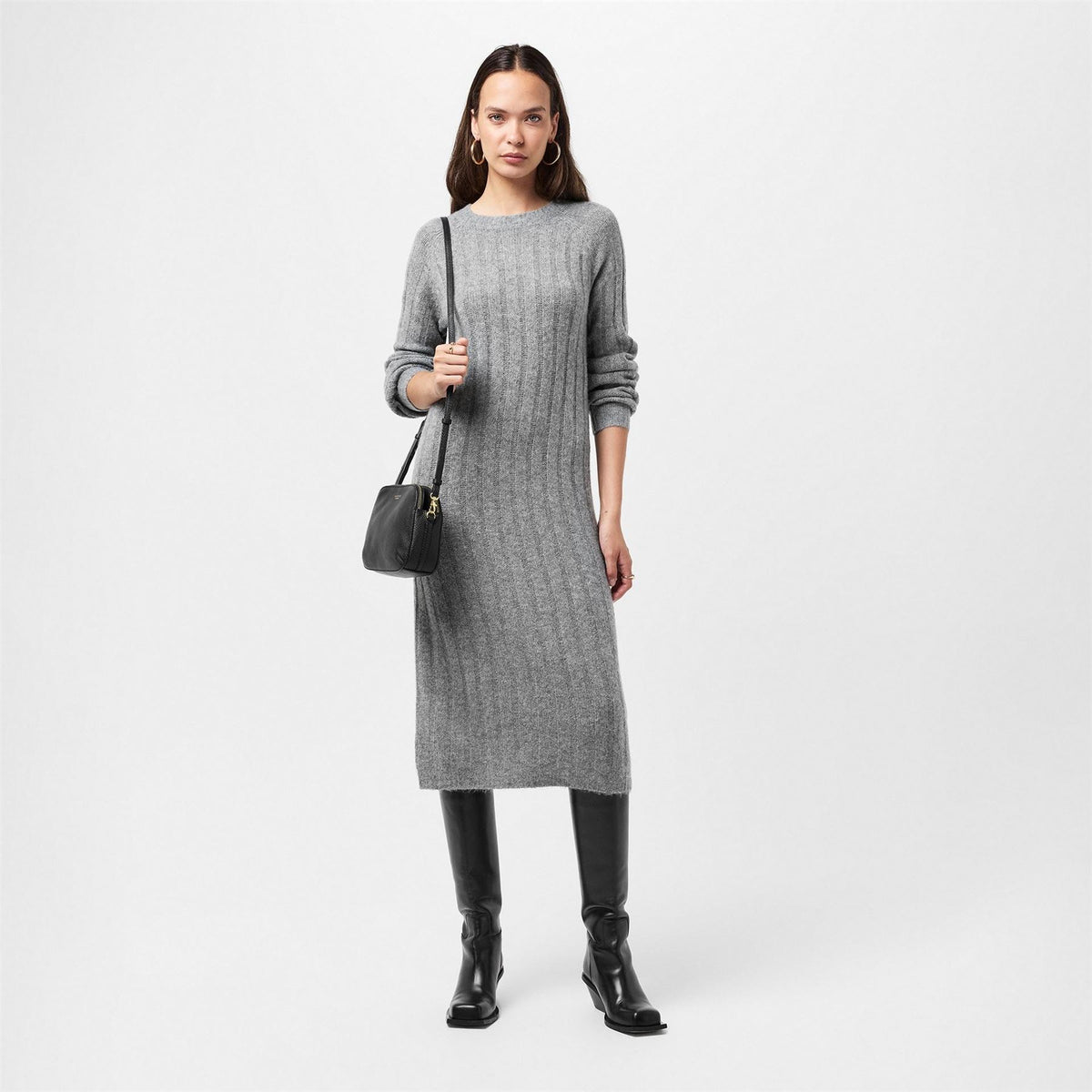 Pieces Knit Crew Neck Ribbed Cuff Midi Sweater Dress