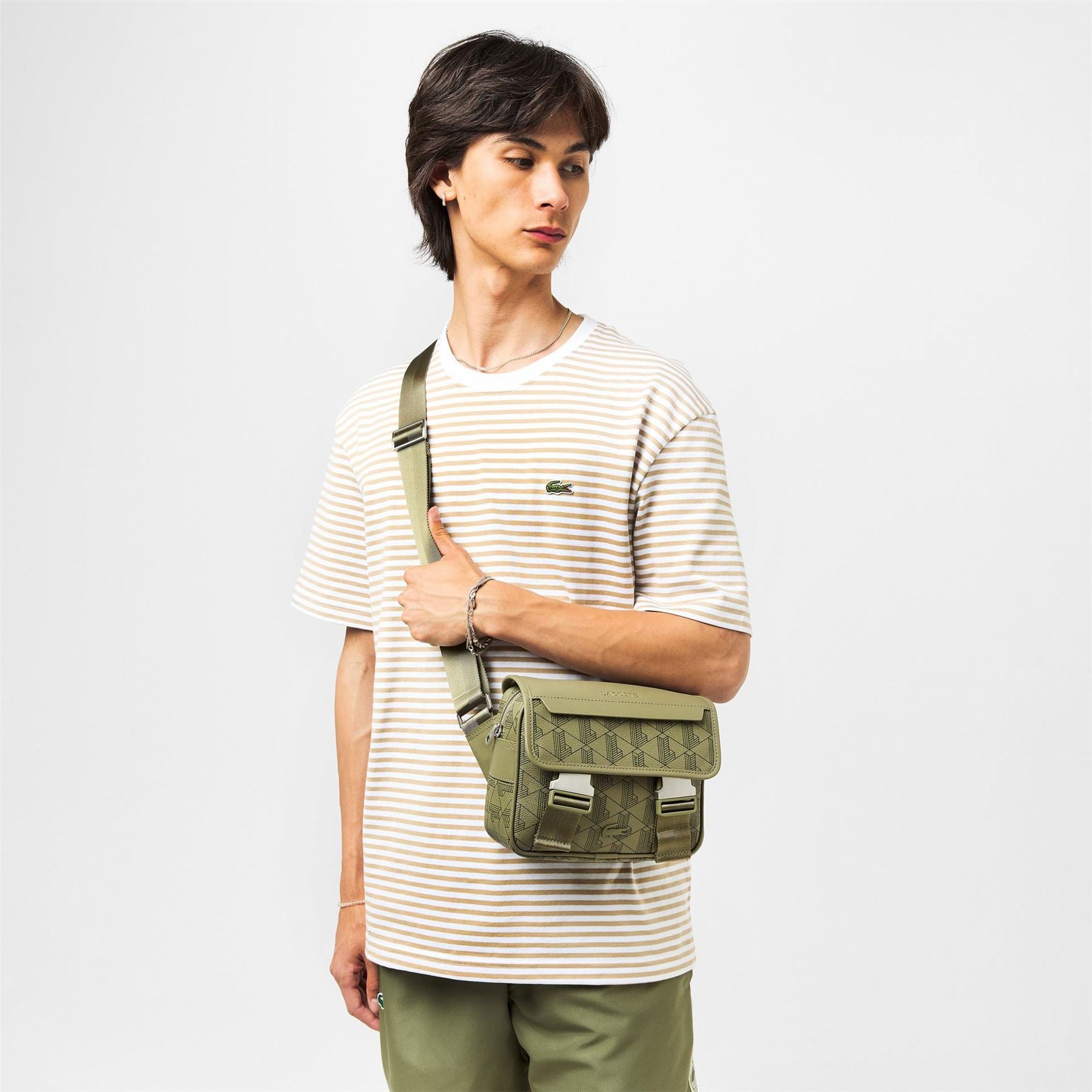 Lacoste Geometric Patterned Messenger Bag with Detachable Strap