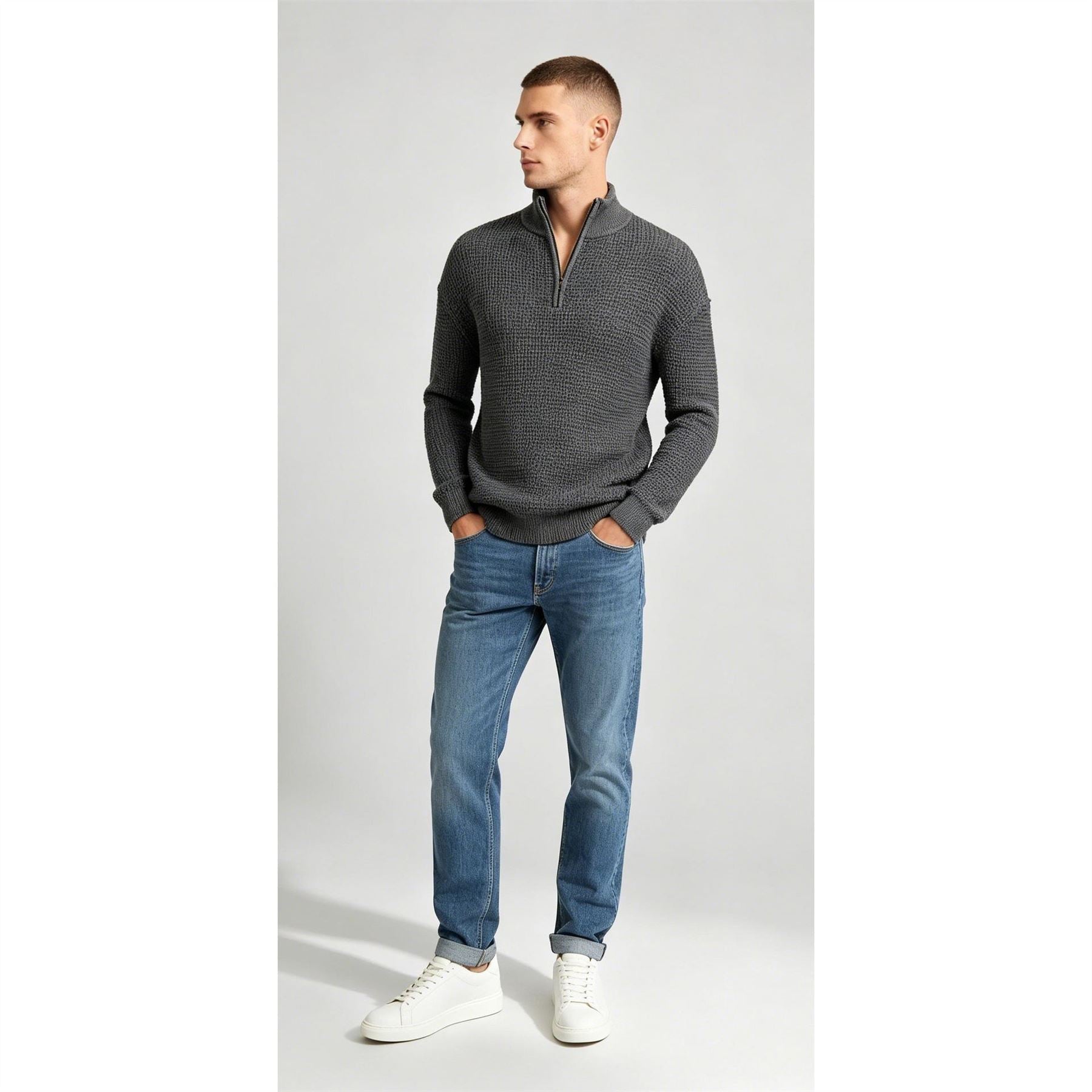 Firetrap Quarter Zip Cable Knit Funnel Neck Jumper