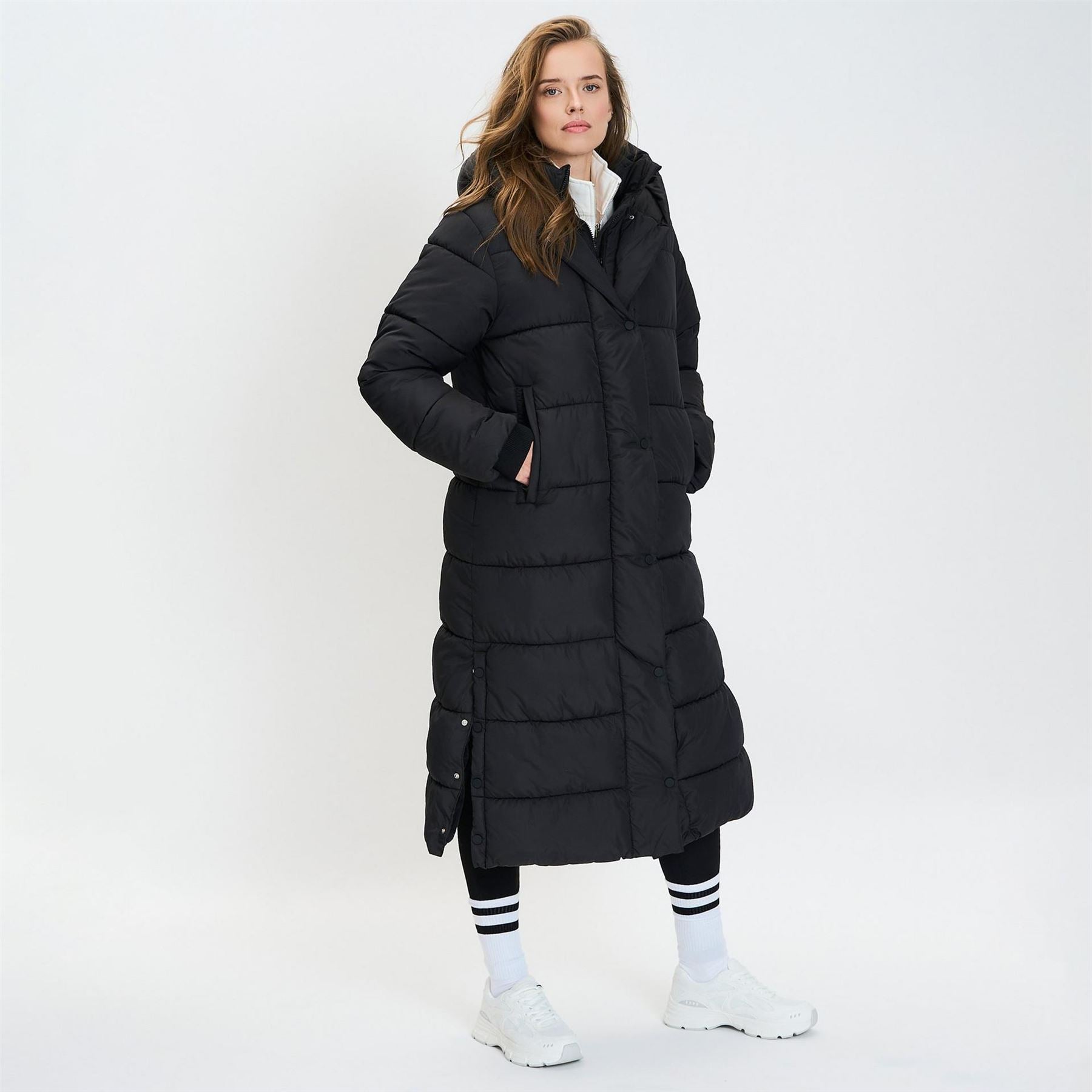 Minoti Women Long Padded Winter Coat With Hood And Zip Pockets Black