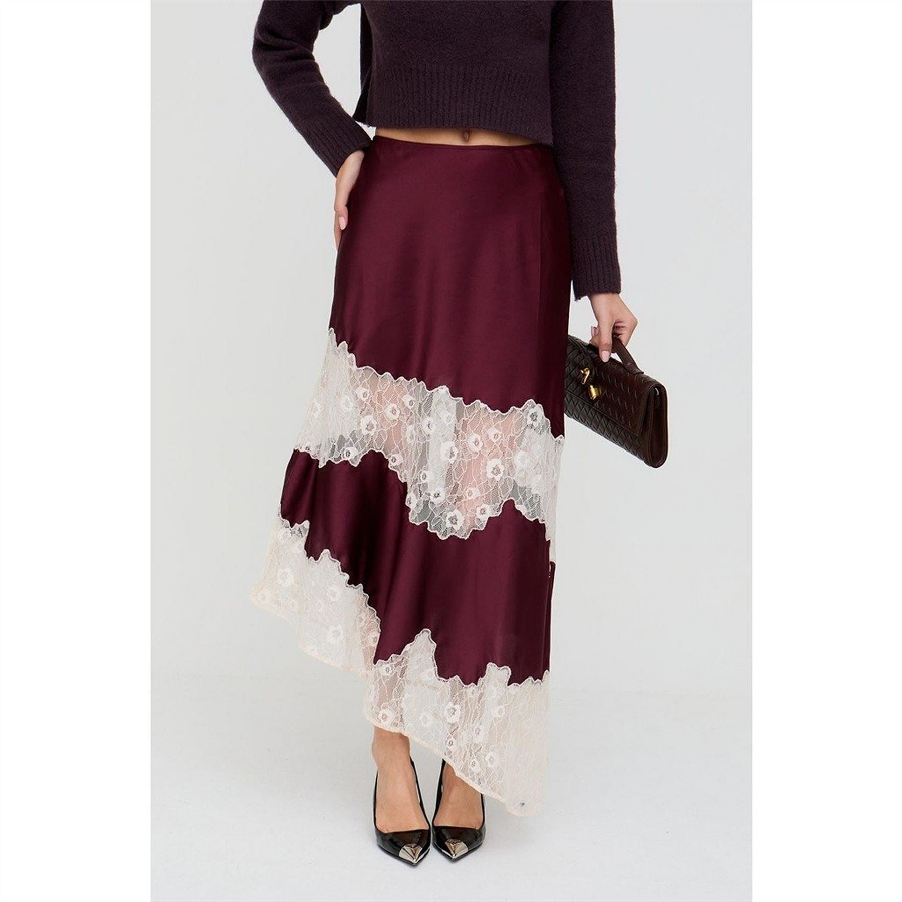 Lily and Lionel And Lionel Elenor Lace Insert Midi Skirt In Burgundy