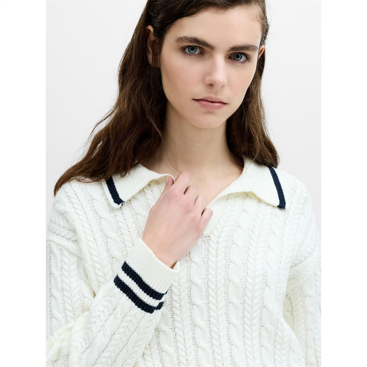 French Connection Klara Cable Knit V Neck Long Sleeve Jumper