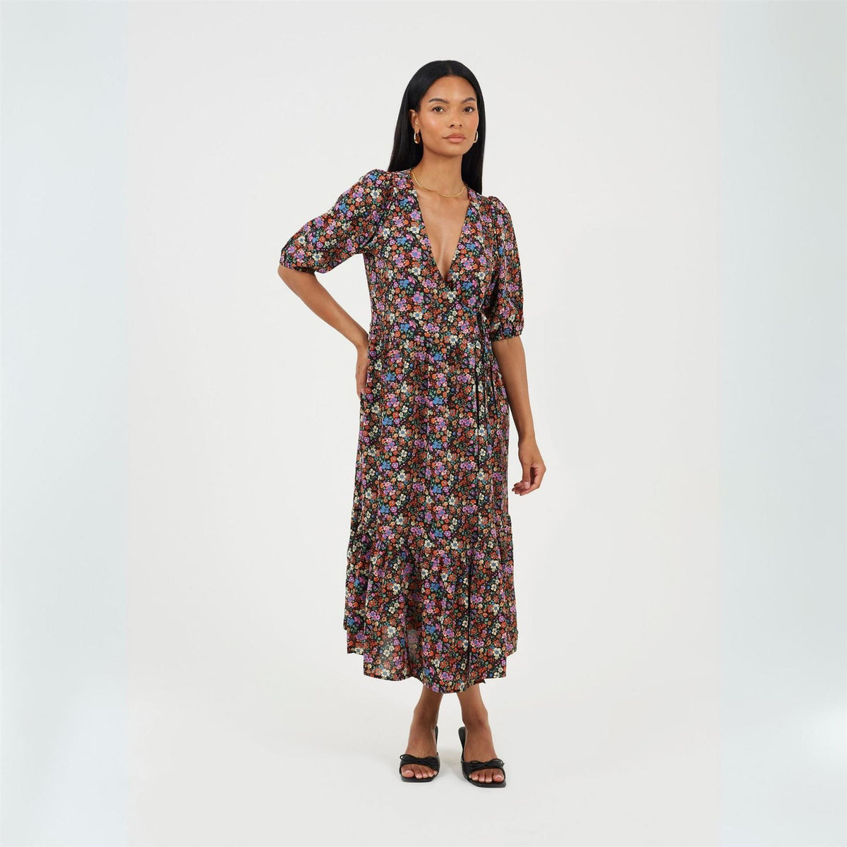 Brave Soul V-Neck Three Quarter Sleeve Midi Wrap Dress
