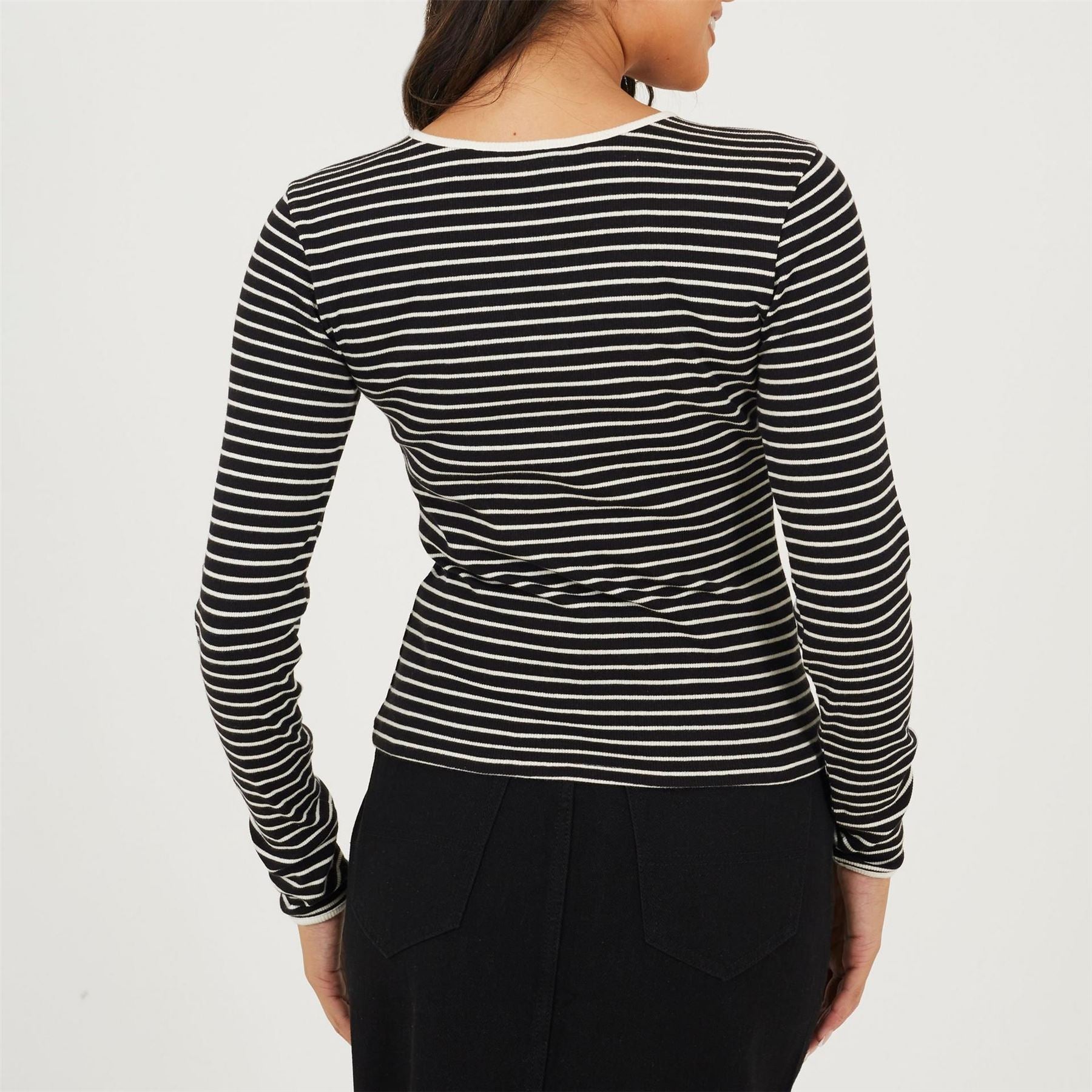 Brave Soul Womens Ribbed Long Sleeve Striped Top With Tie Detail
