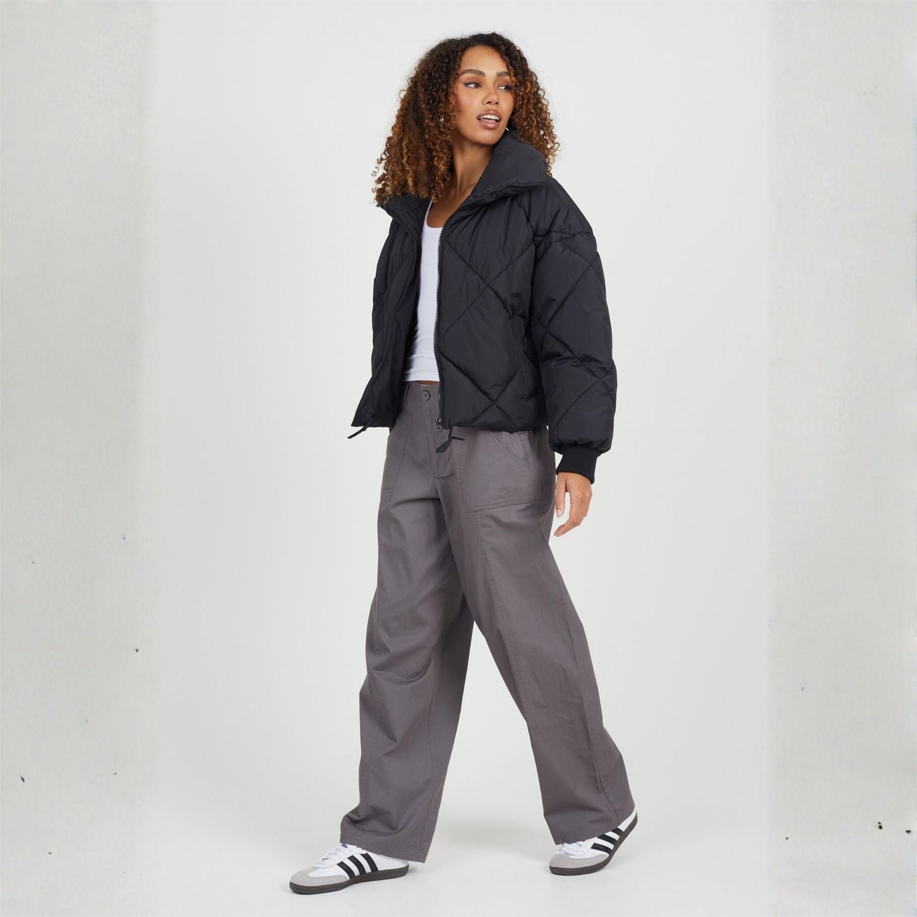 Brave Soul Diamond Quilted Short Padded Jacket With Funnel Neck