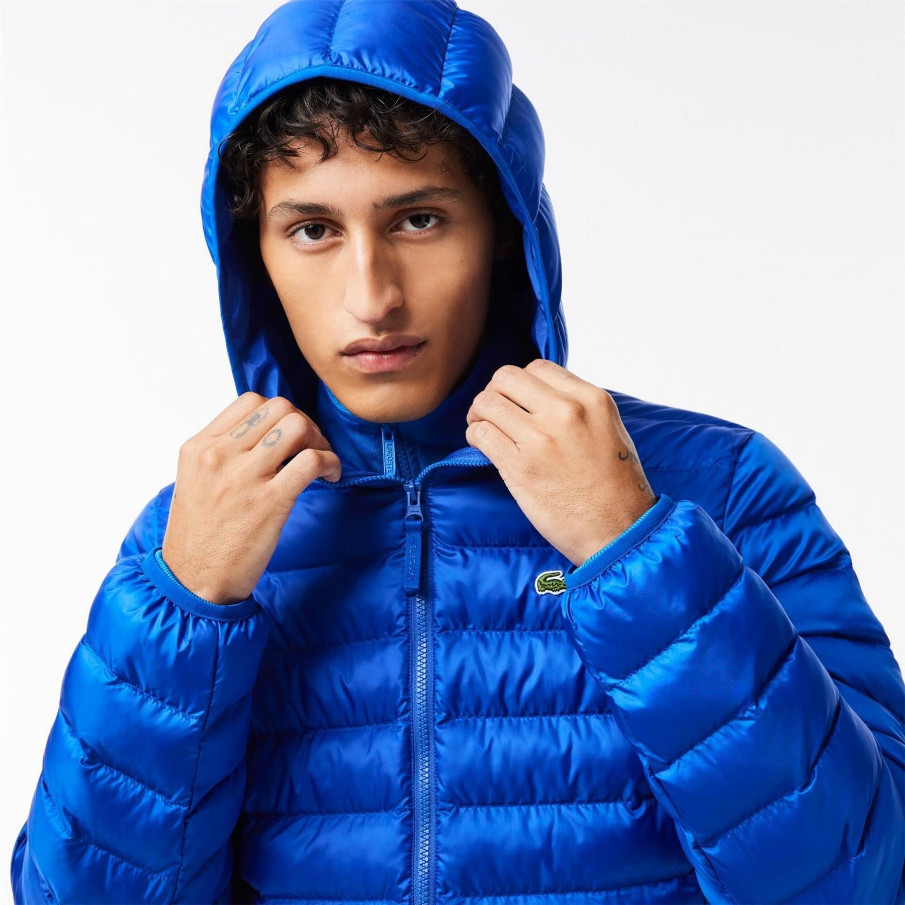 Lacoste Solid Patterned Hooded Quilted Puffer Jacket