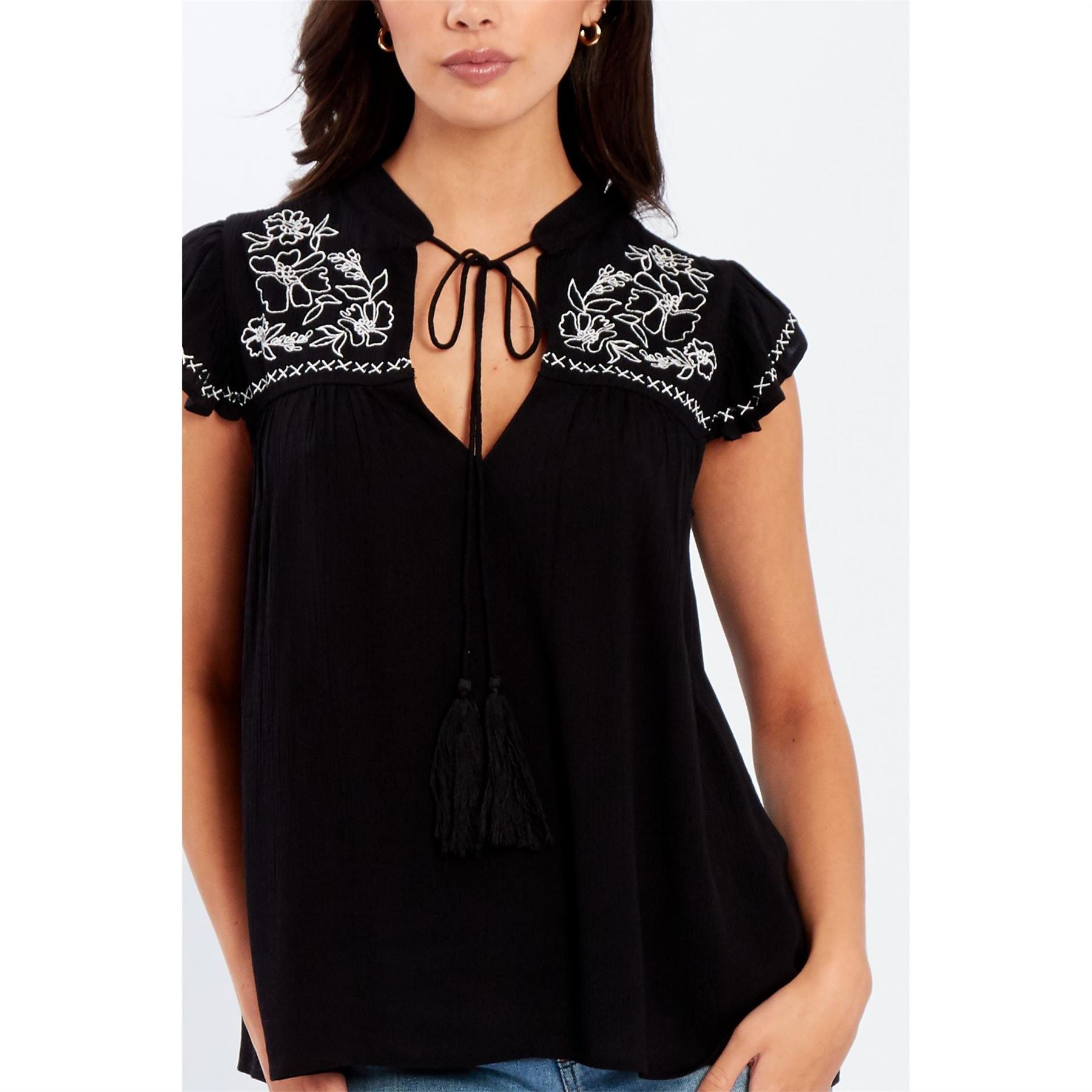 Be You Embroidered Keyhole Neck Relaxed Fit Blouse