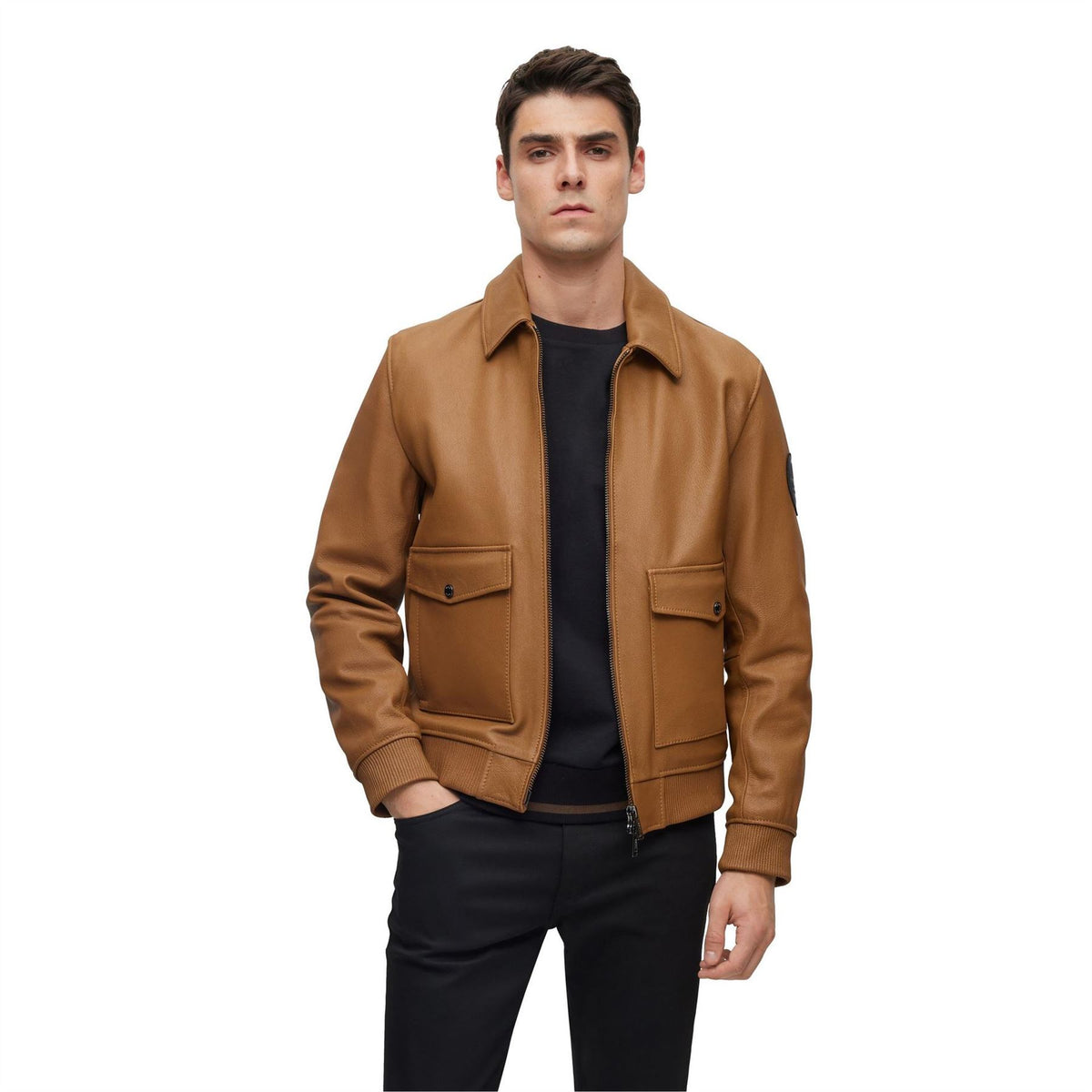Boss Mylen Solid Patterned Ribbed Cuff Bomber Jacket