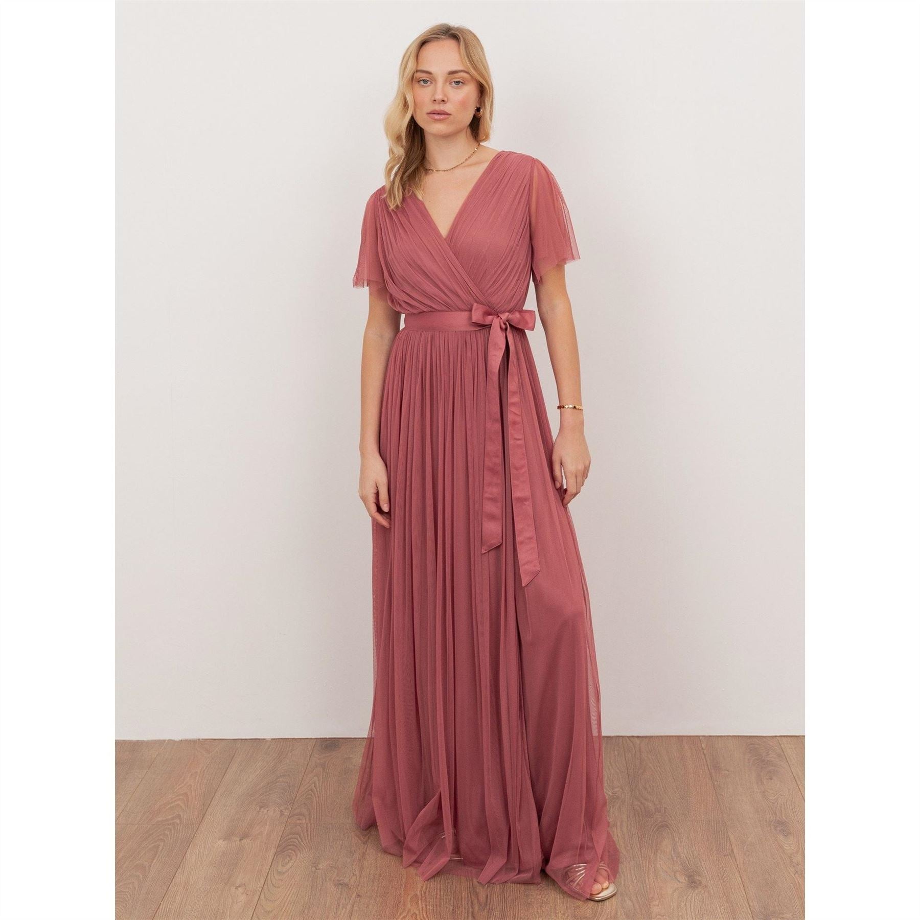 Anaya With Love With Love Recycled Faded Rose Tulle Faux Wrap Short Sleeve Maxi Dress