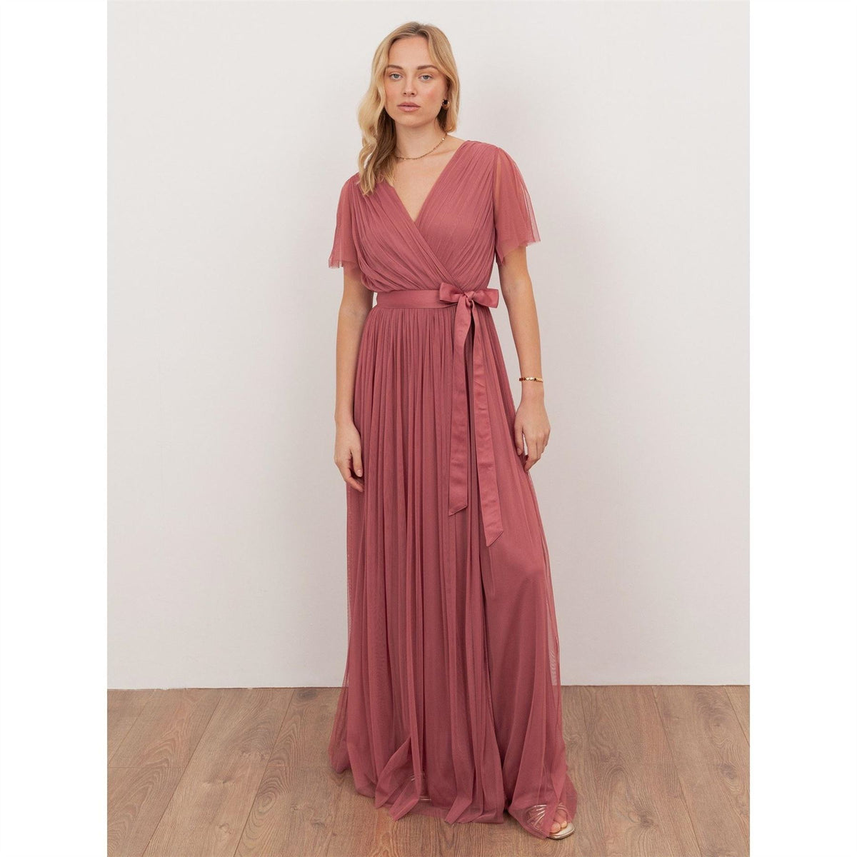 Anaya With Love With Love Recycled Faded Rose Tulle Faux Wrap Short Sleeve Maxi Dress