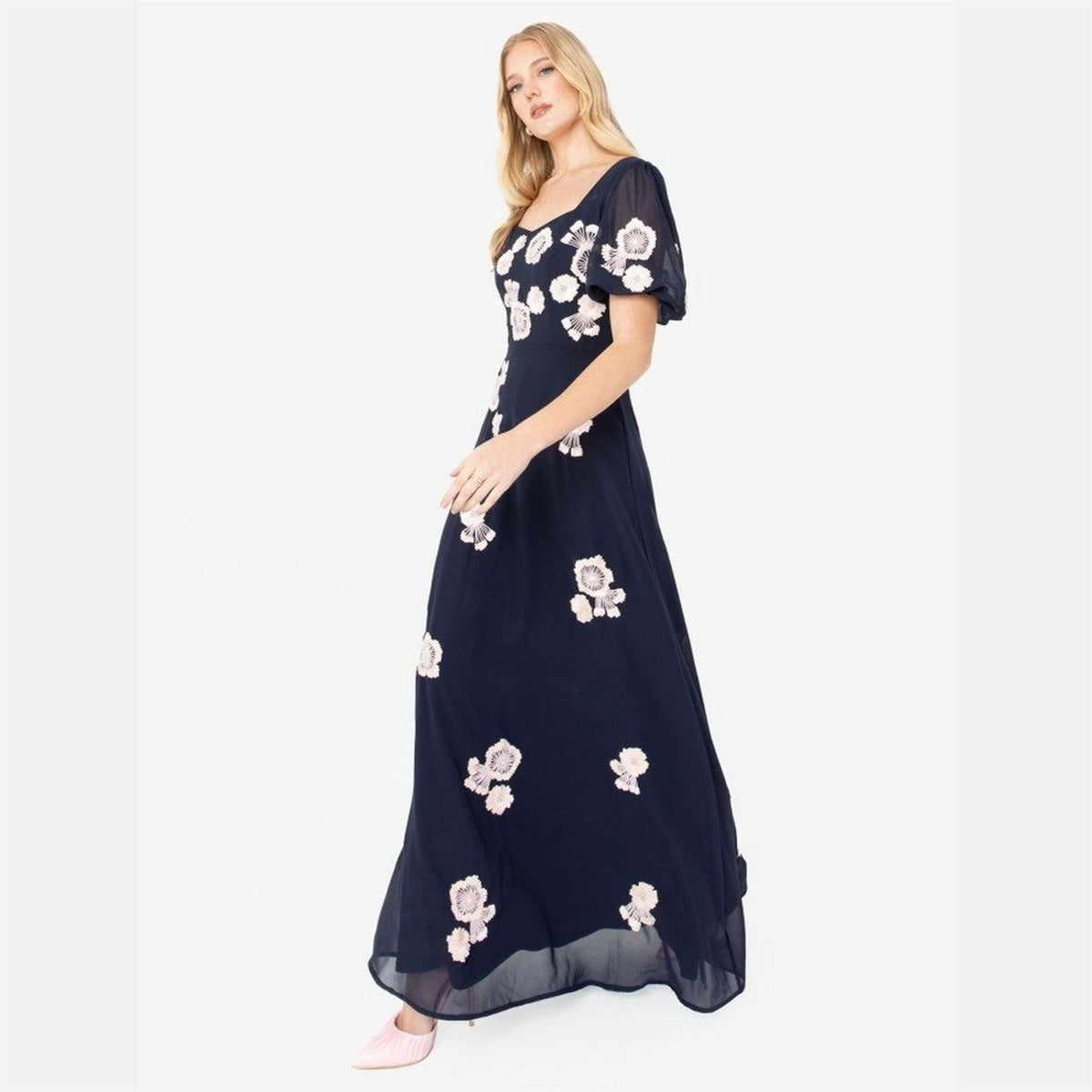 Maya Deluxe Navy Short Sleeve Floral Embellished Maxi Dress