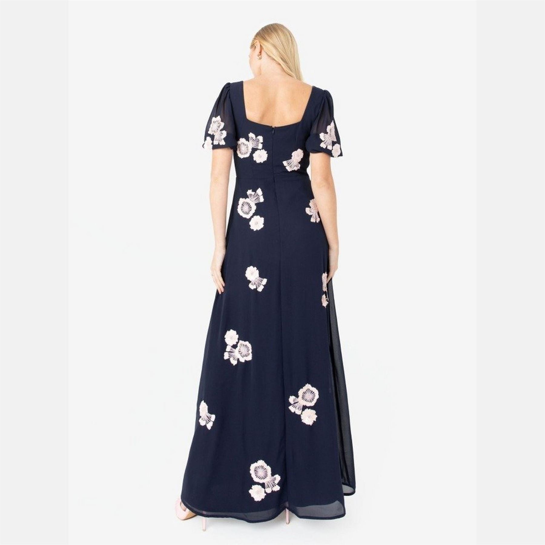 Maya Deluxe Navy Short Sleeve Floral Embellished Maxi Dress