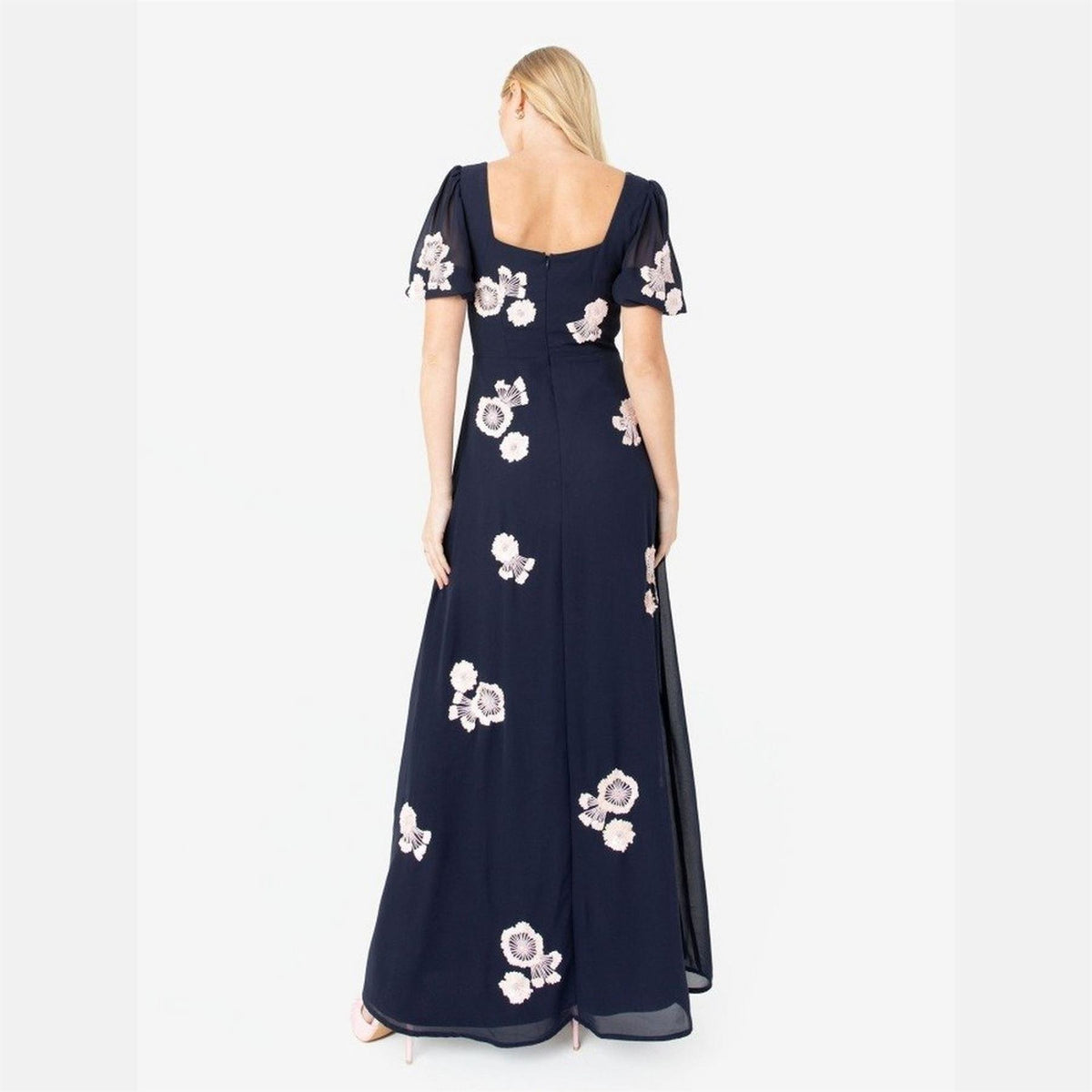 Maya Deluxe Navy Short Sleeve Floral Embellished Maxi Dress