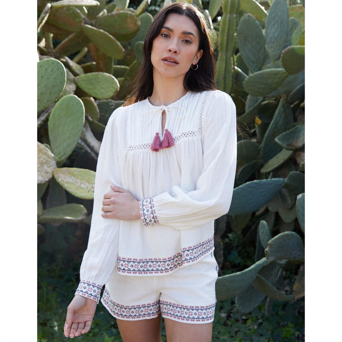 Threadbare Reema Tie Neck Long Sleeve Peasant Blouse